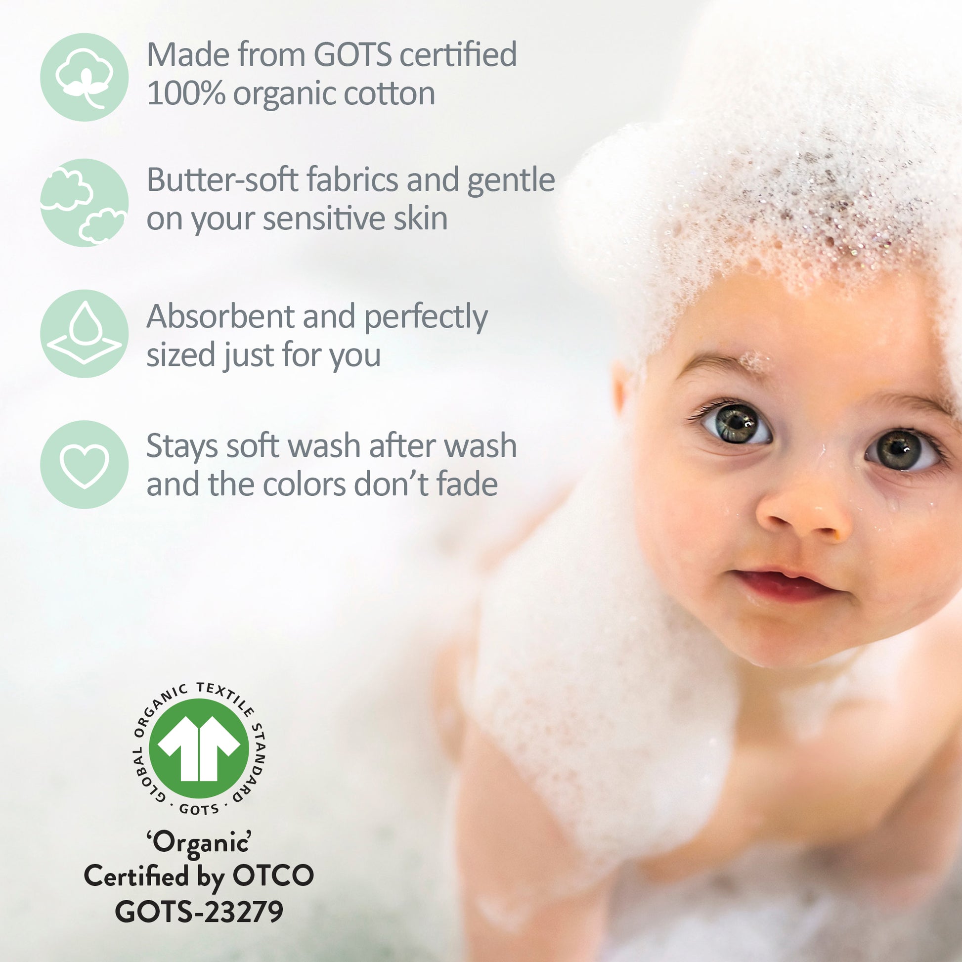 Baby in a bath with organic cotton product features and certification details.