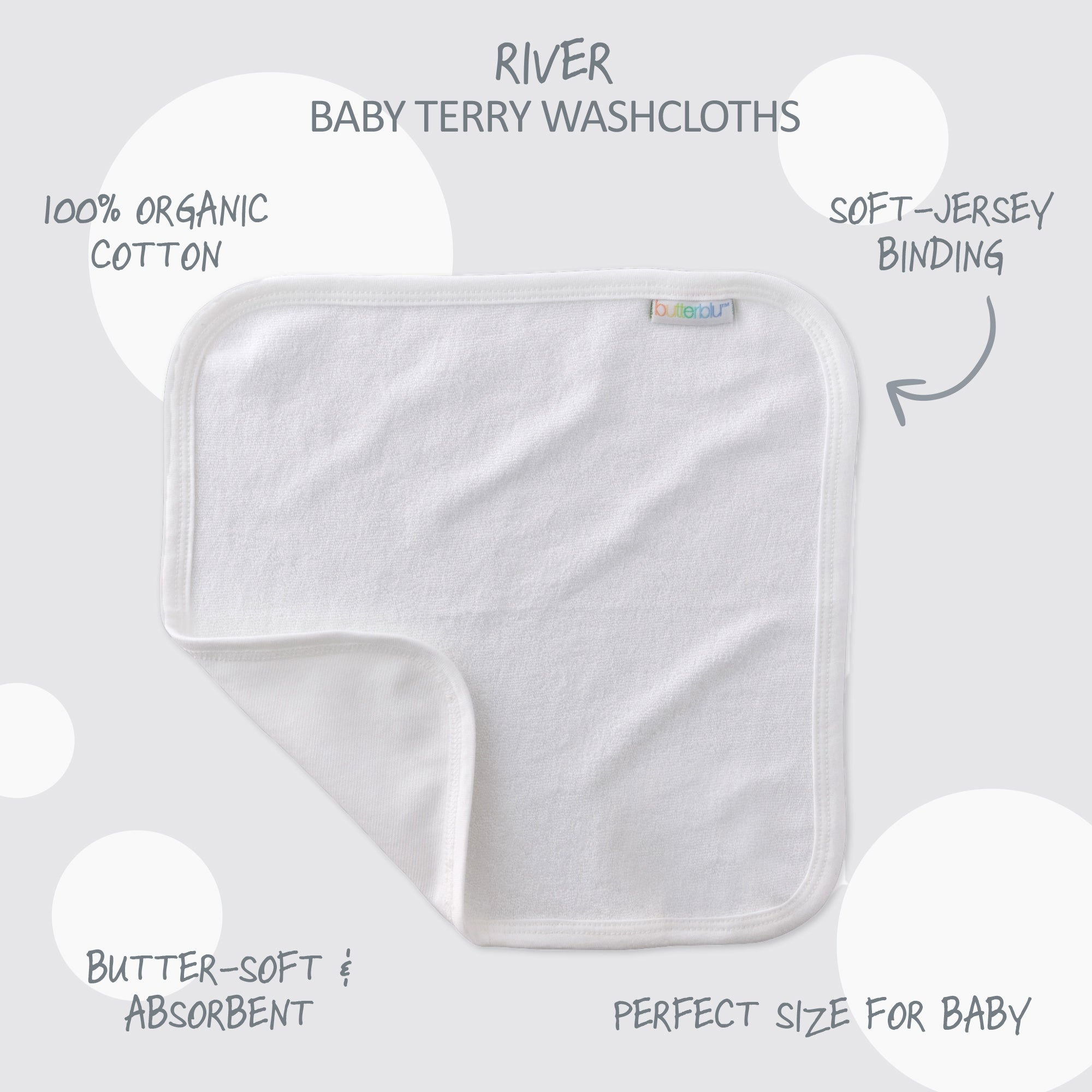 Gray baby washcloth with text highlighting features on a light gray background