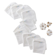Set of white baby washcloths with a cotton brand logo, accompanied by cotton buds on a white background.
