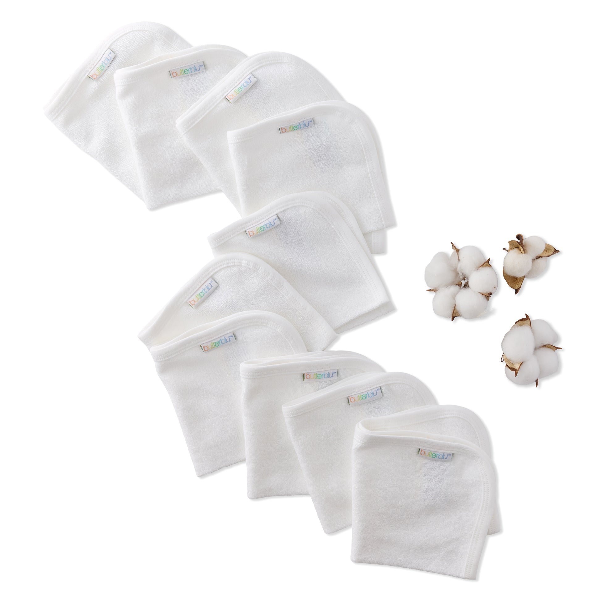 Set of white baby washcloths with a cotton brand logo, accompanied by cotton buds on a white background.