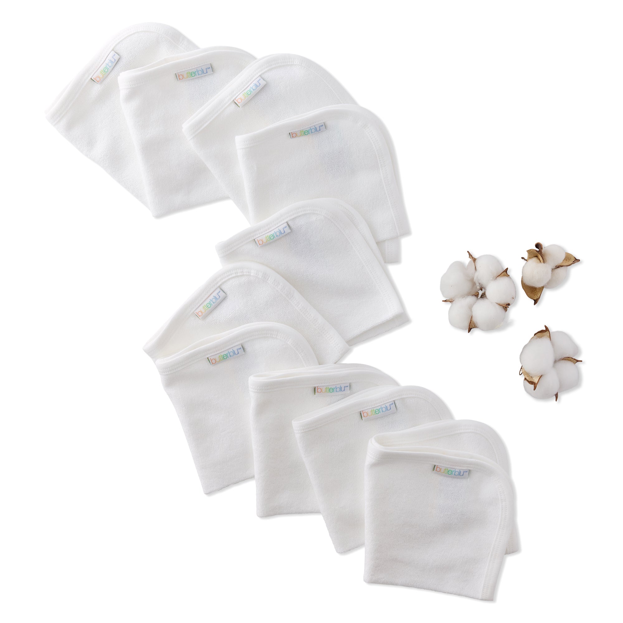 Set of white baby washcloths with a cotton brand logo, accompanied by cotton buds on a white background.