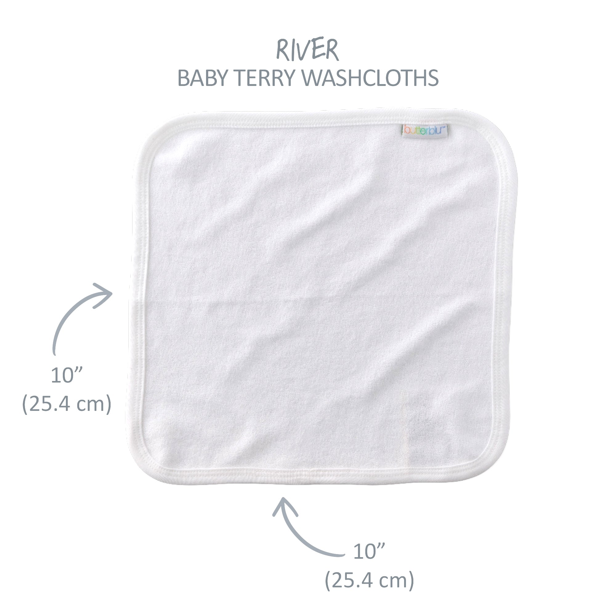 White baby terry washcloth with dimensions labeled on a white background