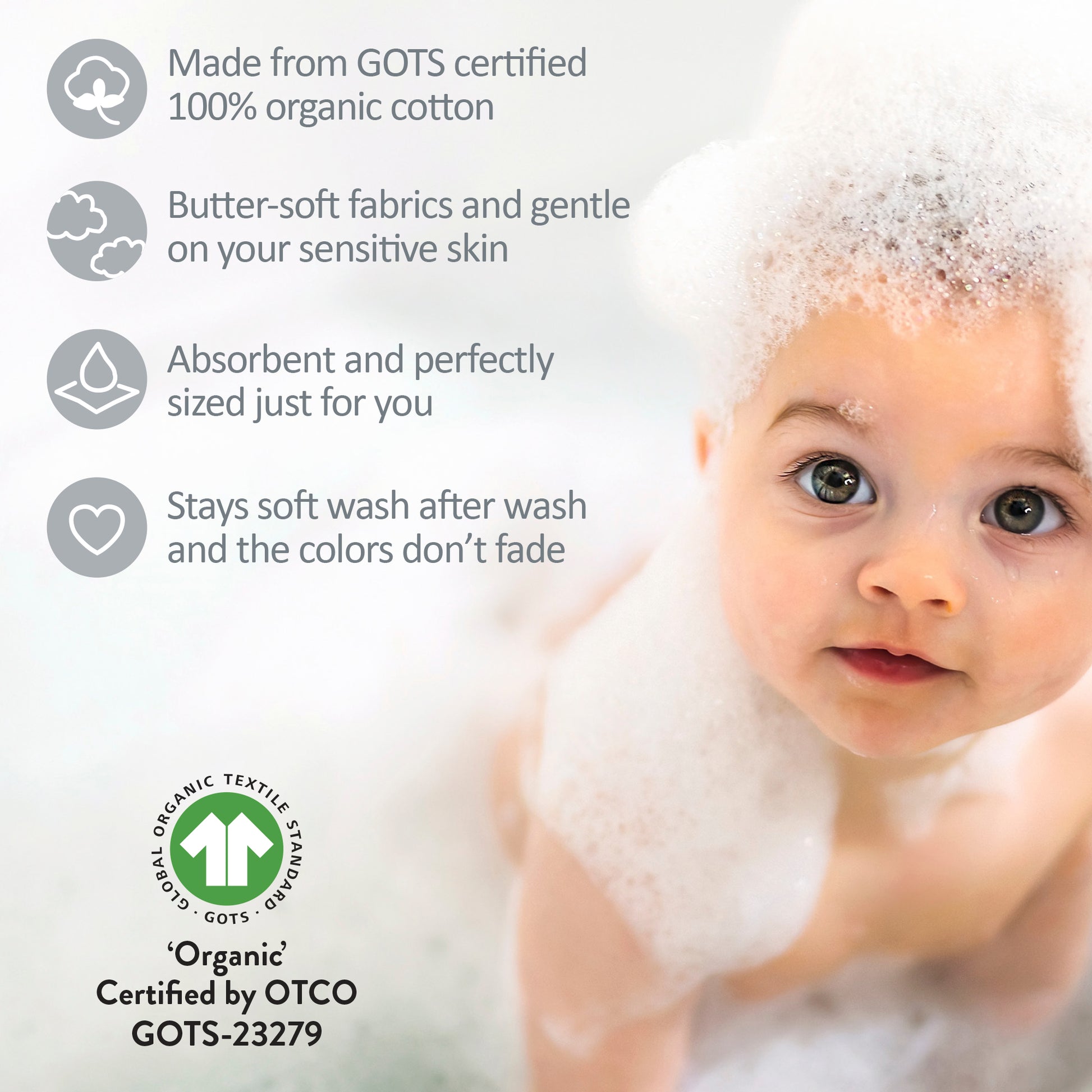Baby with bubbles and organic cotton product information on a white background