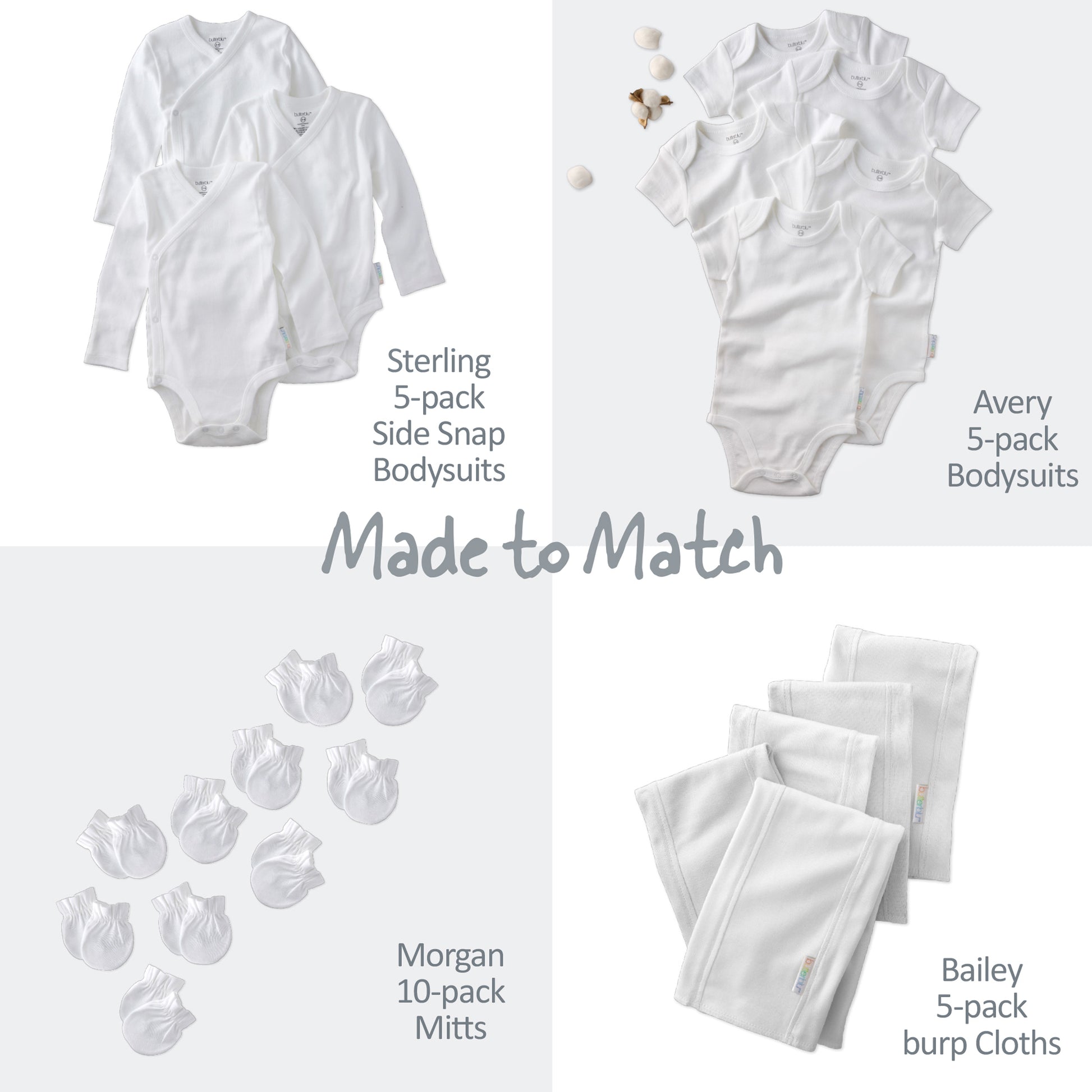 Baby clothing sets including side snap bodysuits, bodysuits, mitts, and burp cloths with matching labels.