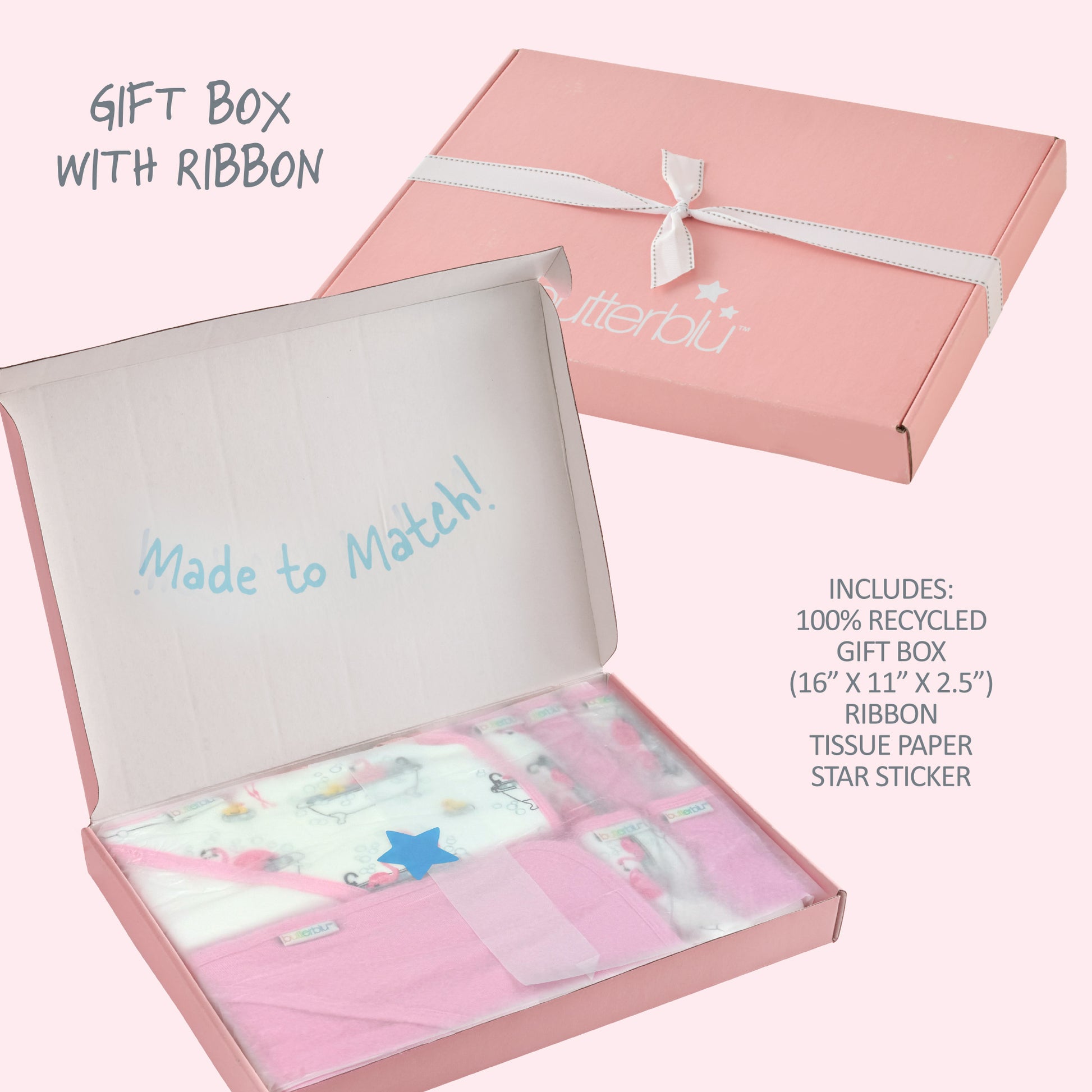 Recycled Gift Box with Ribbon, Tissue paper, and Stickers close up