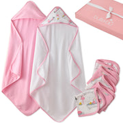 Splash Squad Gift Set layout in Fab flamingo. Two hooded towels, wash cloths, and one box with a bow, all on a white background