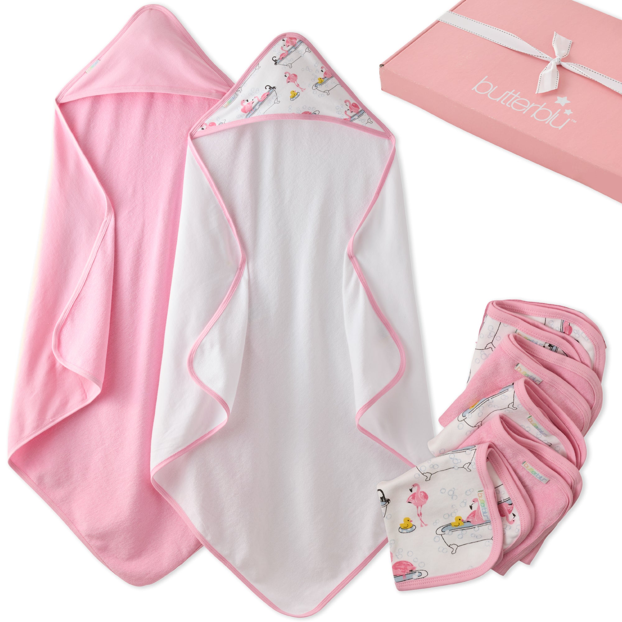 Splash Squad Gift Set layout in Fab flamingo. Two hooded towels, wash cloths, and one box with a bow, all on a white background