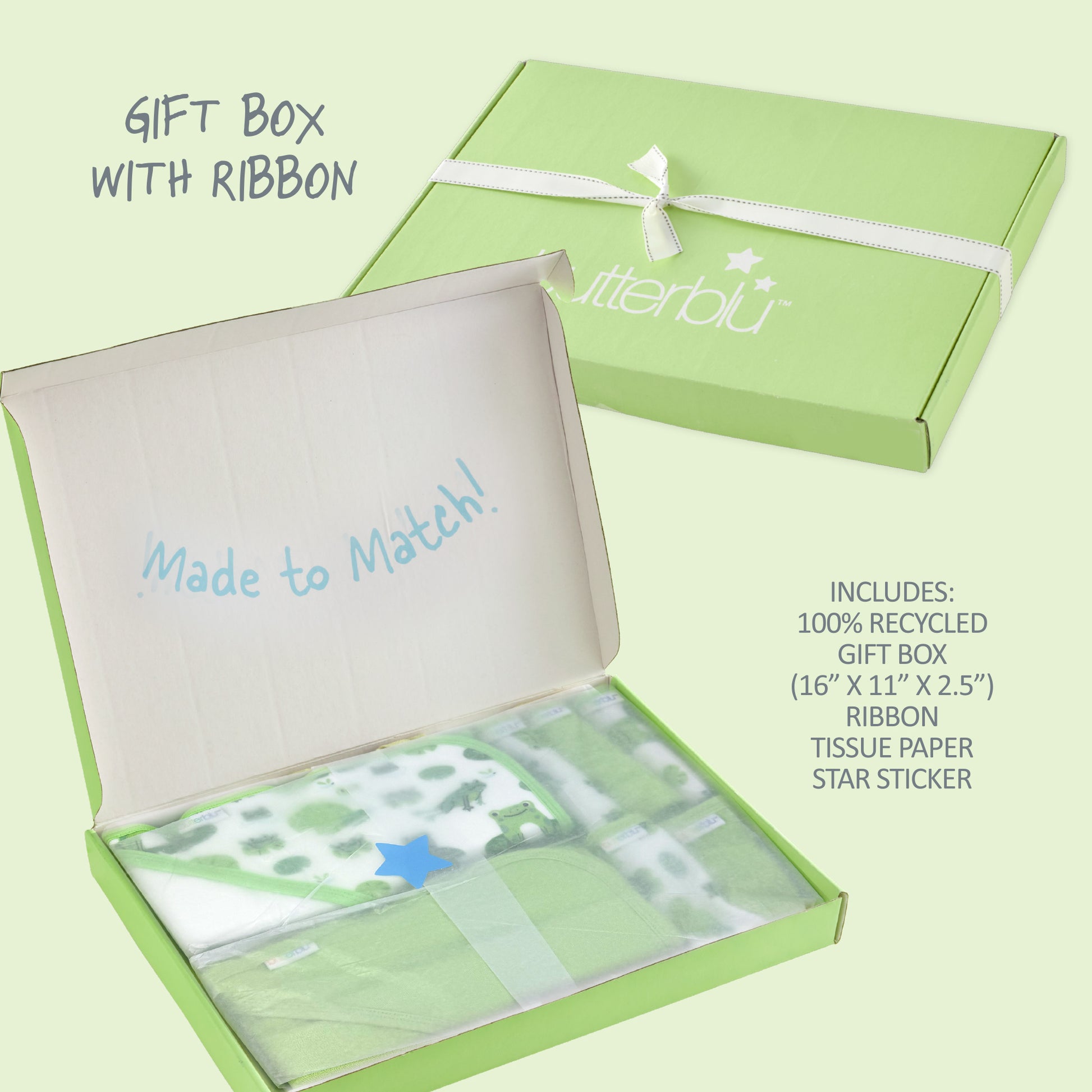 Recycled Gift Box with Ribbon, Tissue paper, and Stickers close up