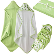 Splash Squad Gift Set layout in Fab flamingo. Two hooded towels, wash cloths, and one box with a bow, all on a white background