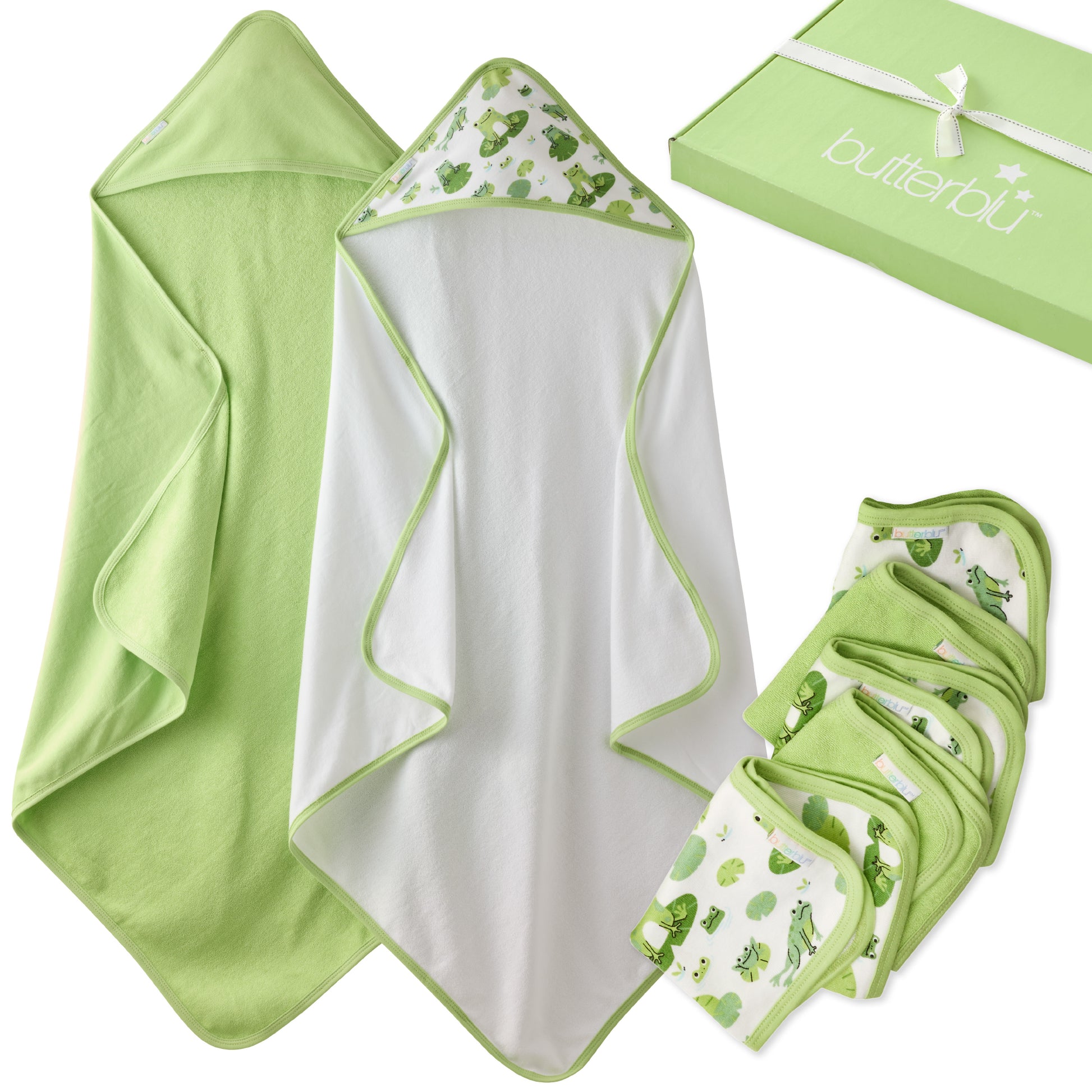 Splash Squad Gift Set layout in Fab flamingo. Two hooded towels, wash cloths, and one box with a bow, all on a white background