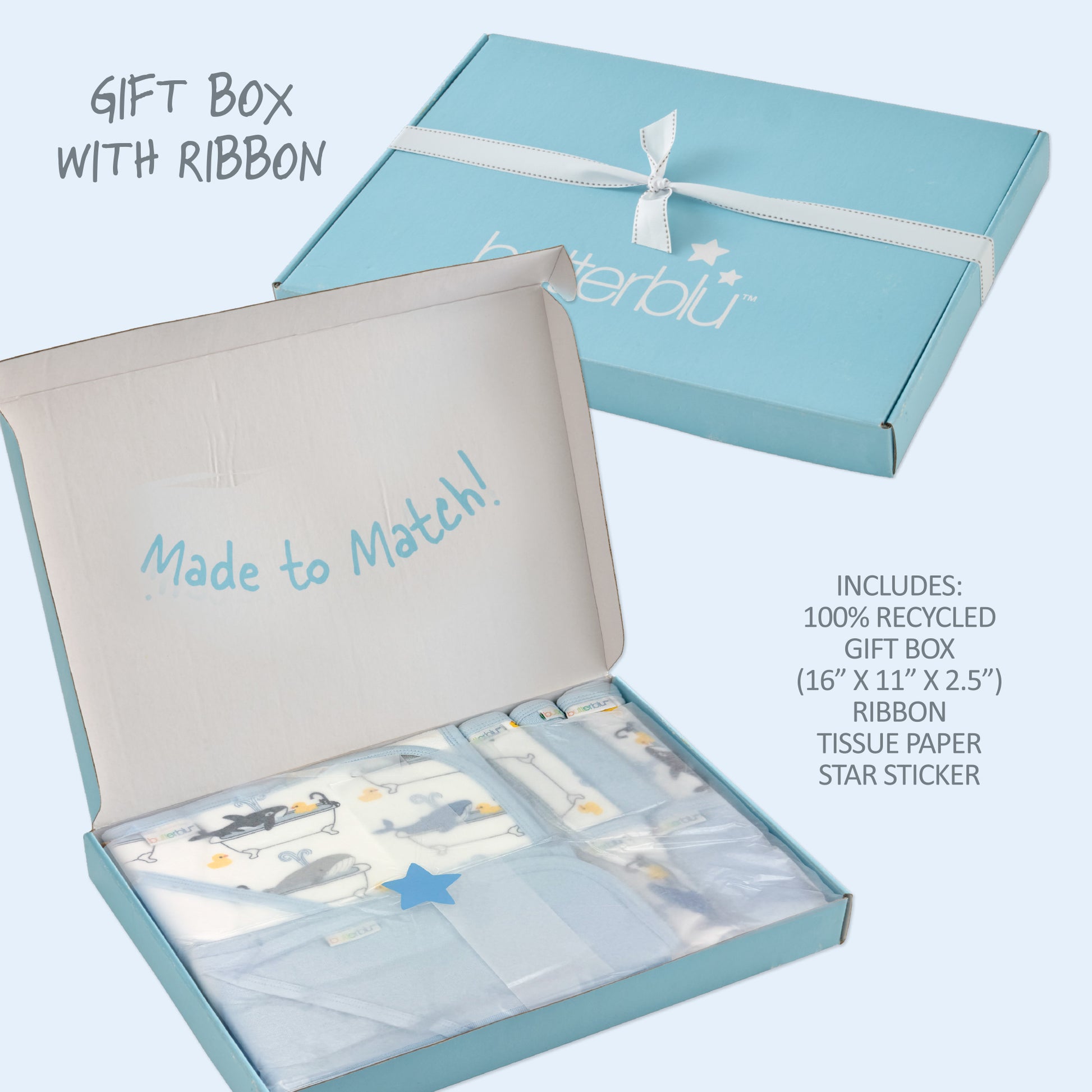 Recycled Gift Box with Ribbon, Tissue paper, and Stickers close up