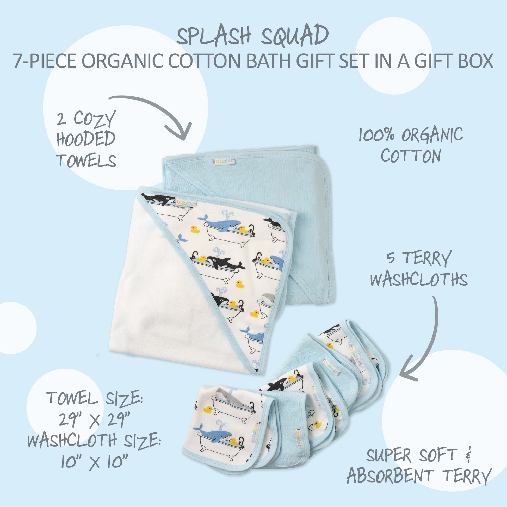 Splash Squad title and product descriptions surrounding Hooded Towel and Washcloths