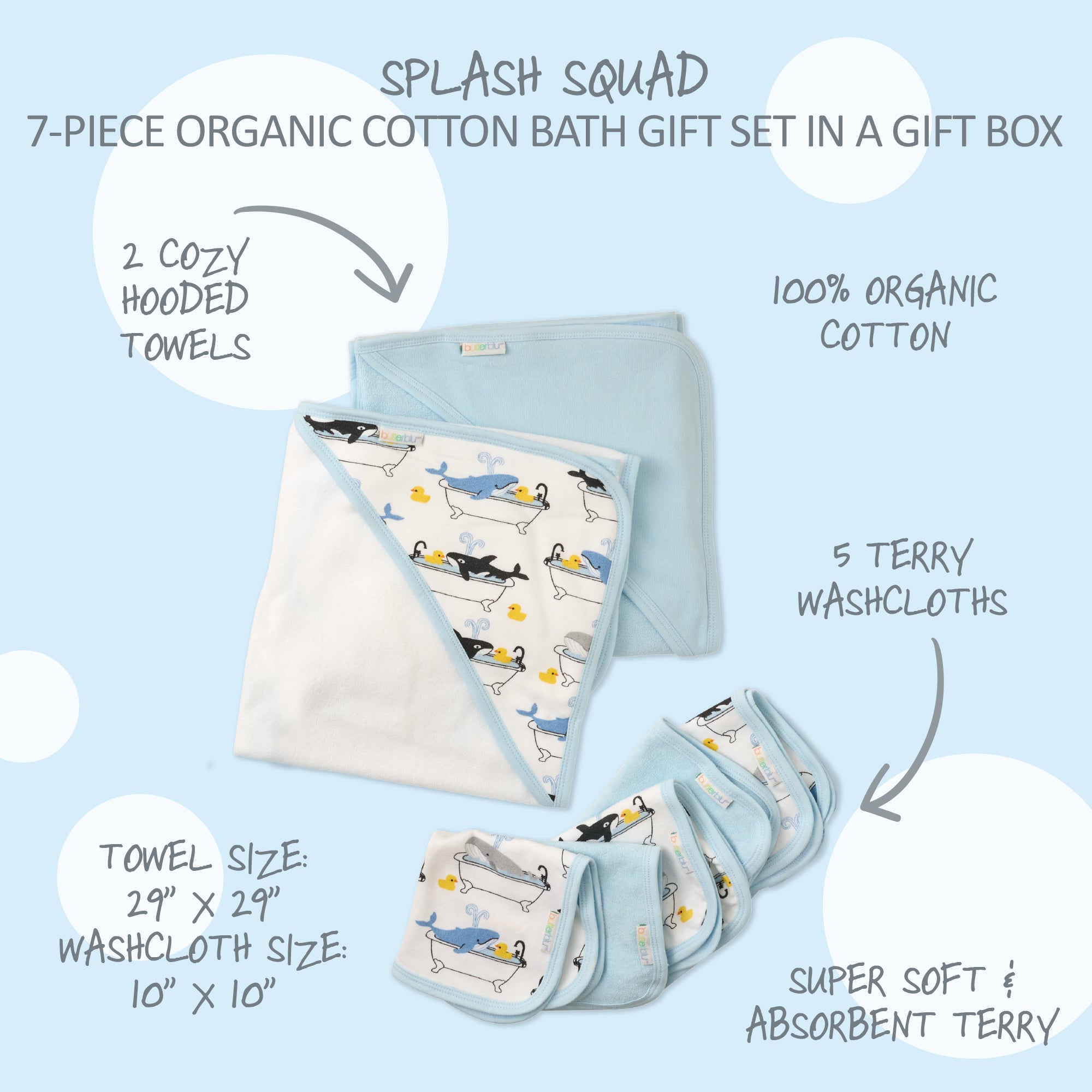 Splash Squad title and product descriptions surrounding Hooded Towel and Washcloths