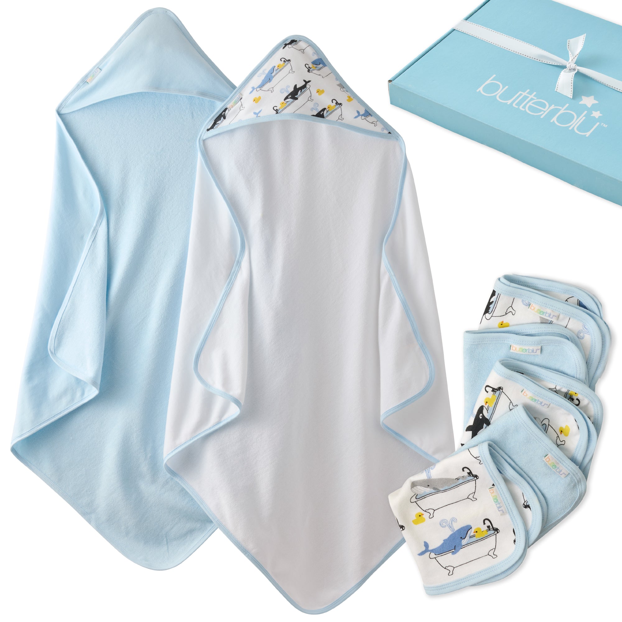 Splash Squad Gift Set layout in Oh Whale. Two hooded towels, wash cloths, and one box with a bow, all on a white background

