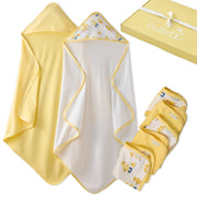 Splash Squad Gift Set layout in Puddle Jumpers. Two hooded towels, wash cloths, and one box with a bow, all on a white background