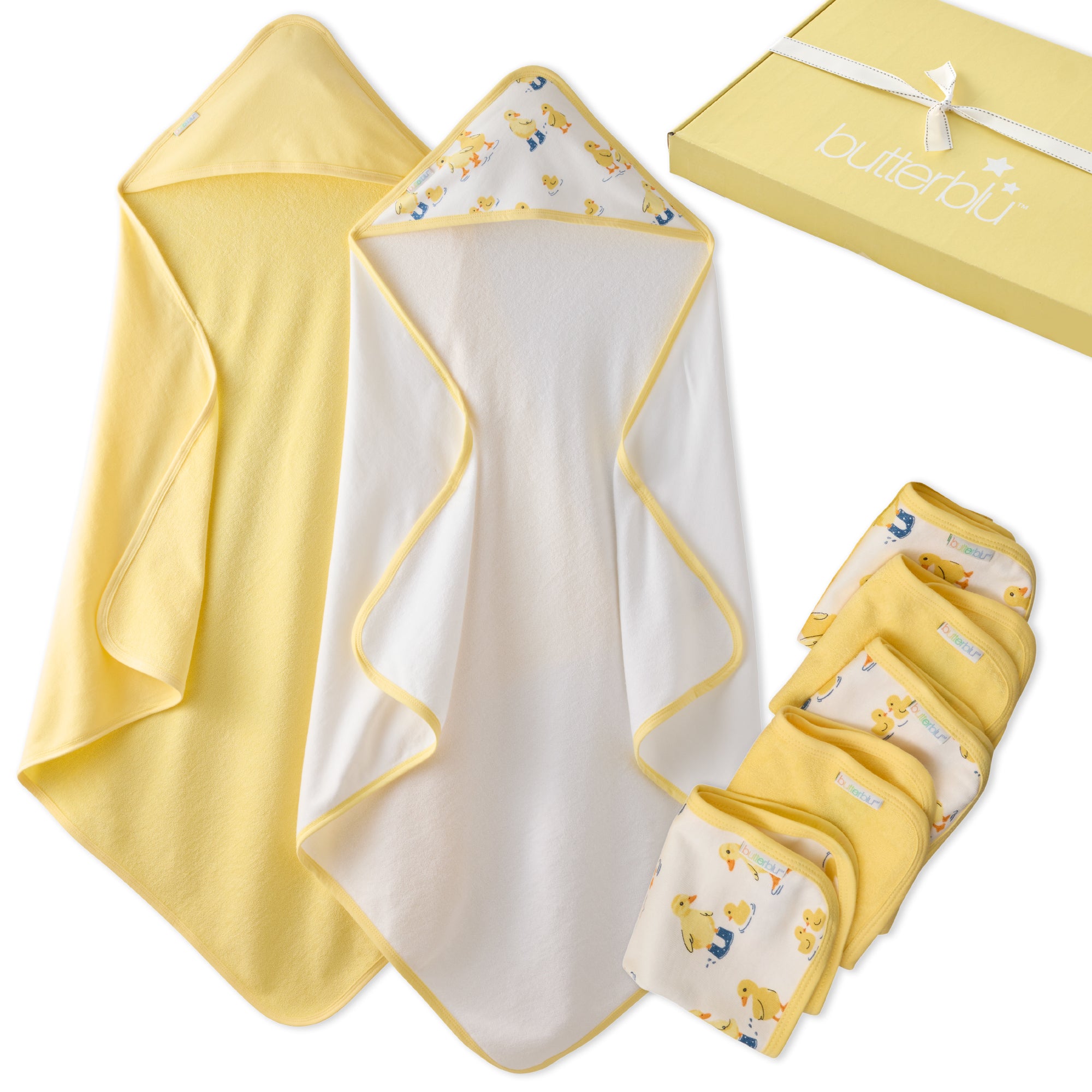 Splash Squad Gift Set layout in Puddle Jumpers. Two hooded towels, wash cloths, and one box with a bow, all on a white background