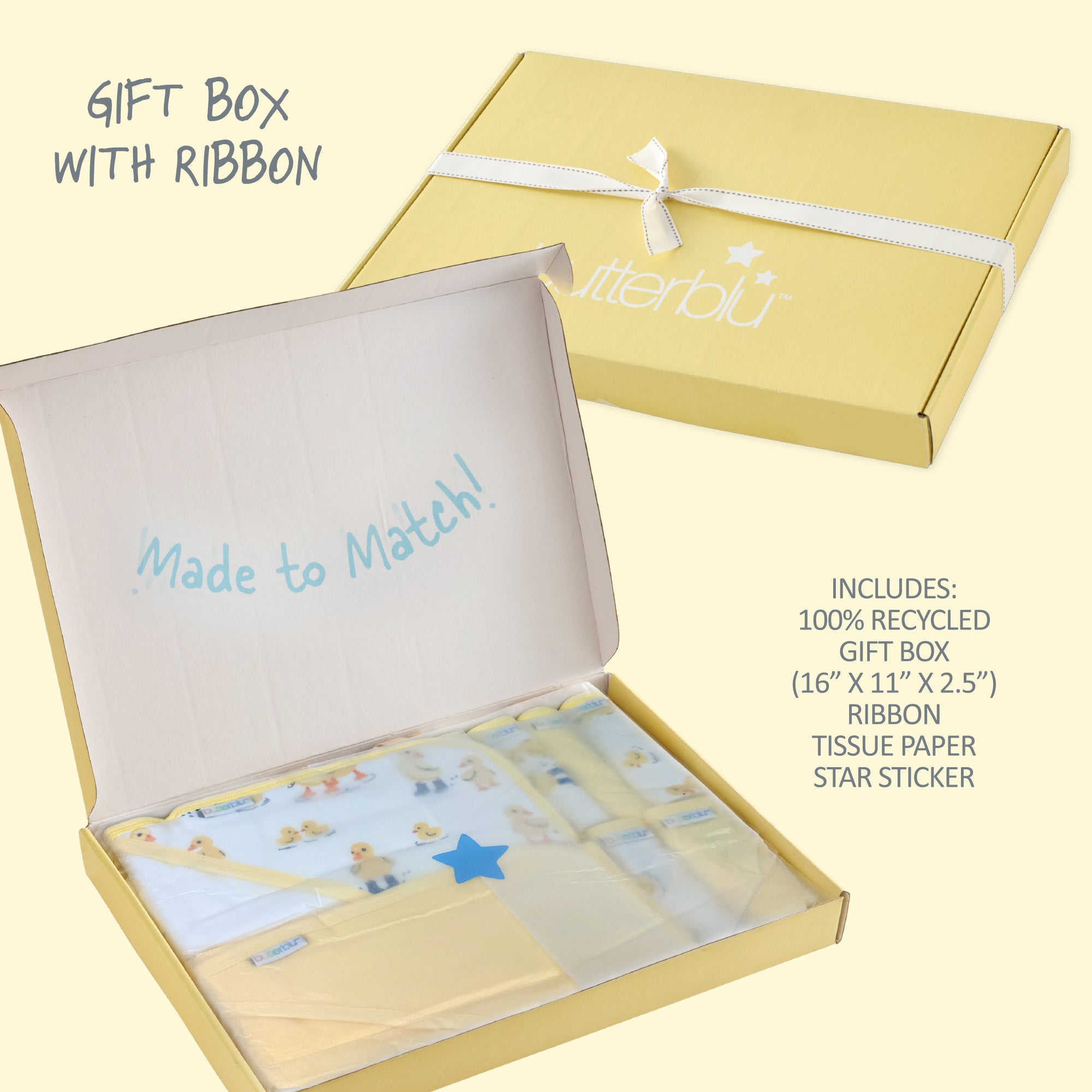 Recycled Gift Box with Ribbon, Tissue paper, and Stickers close up