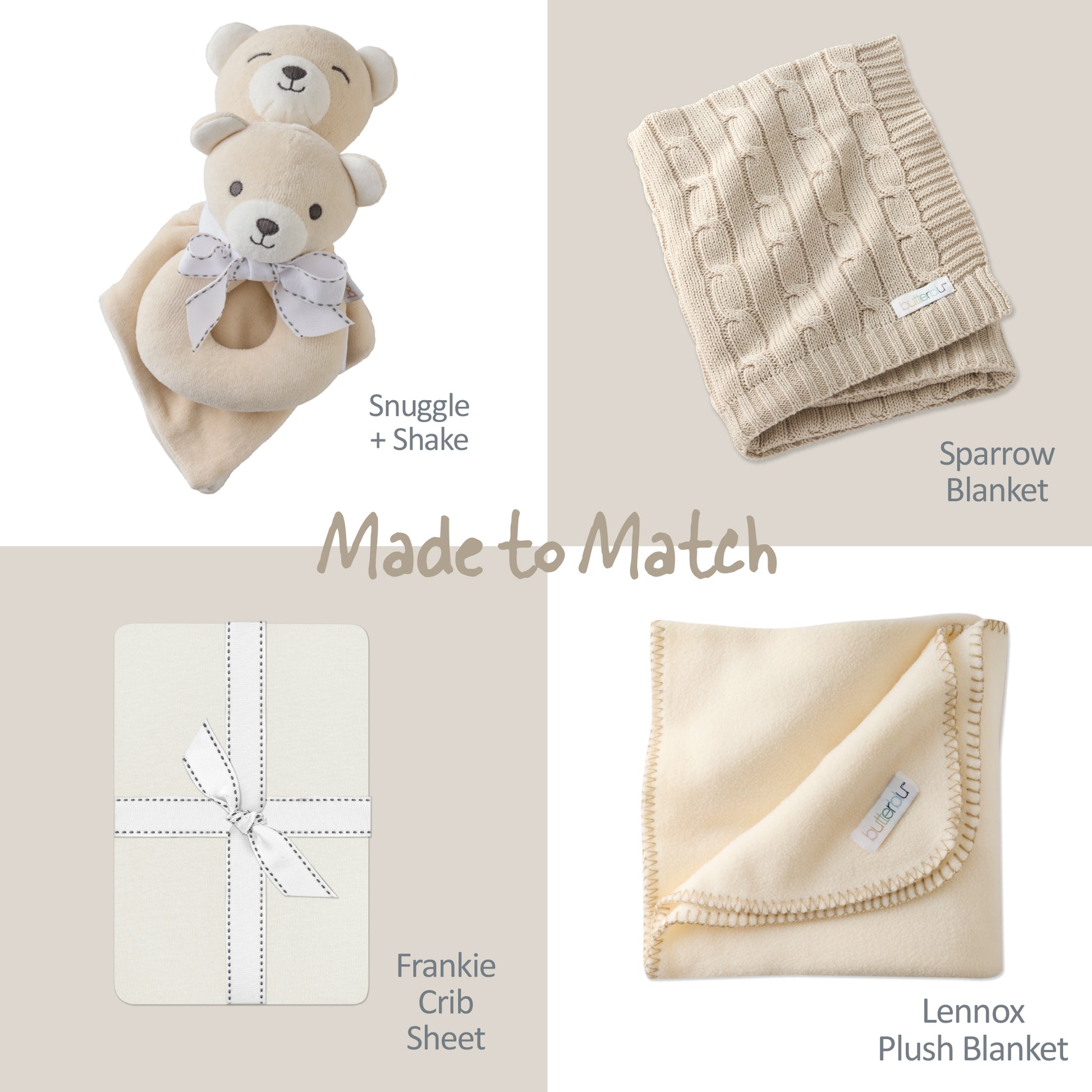 Baby products including teddy bears, blankets, and crib sheet with text 'Made to Match' on a beige background.