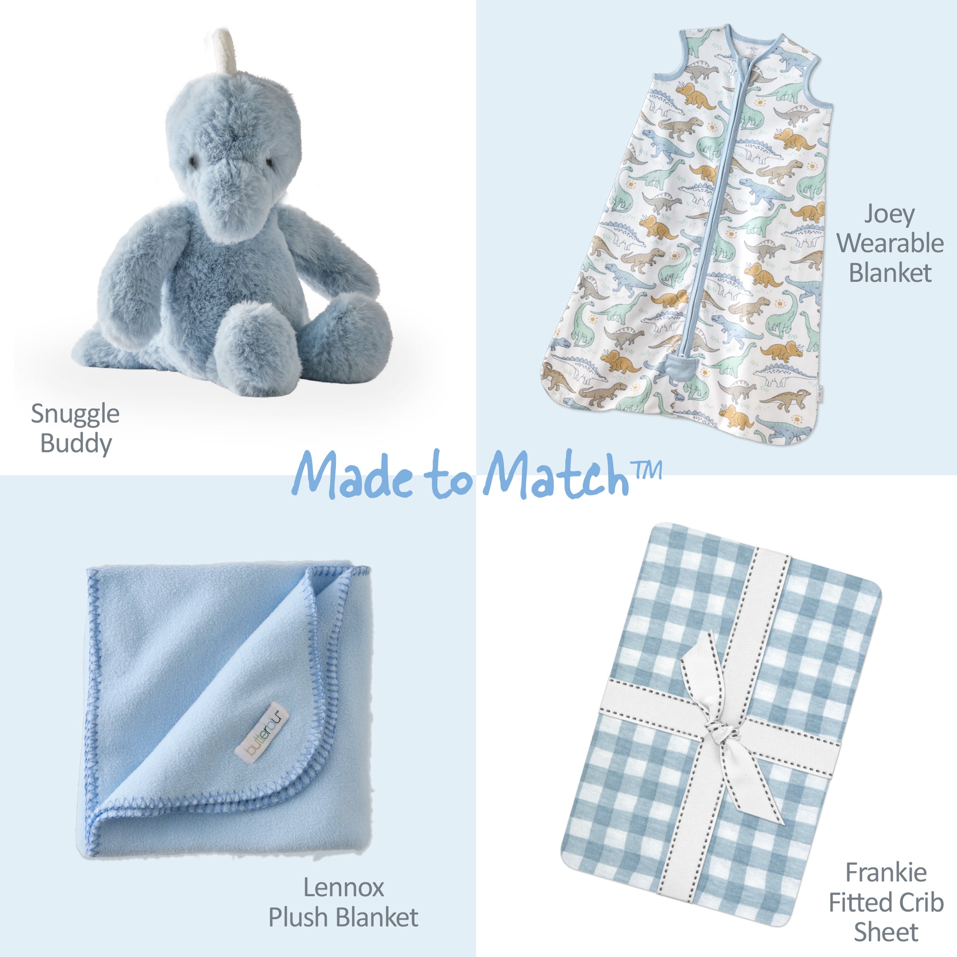 Collection of baby products including a stuffed animal, wearable blanket, plush blanket, and crib sheet with 'Made to Match' text.