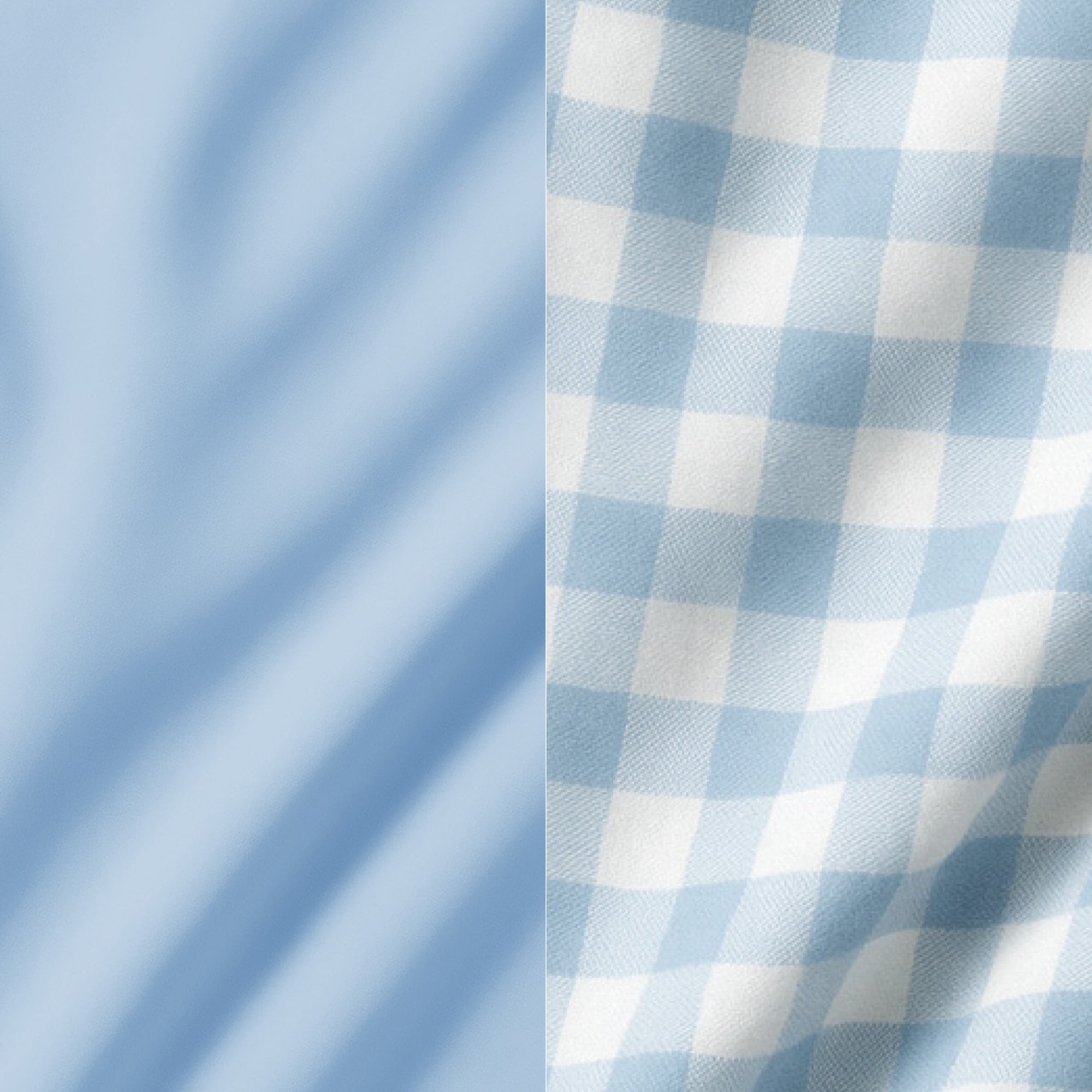 Two fabric swatches: one plain light blue and one checkered with light blue and white.