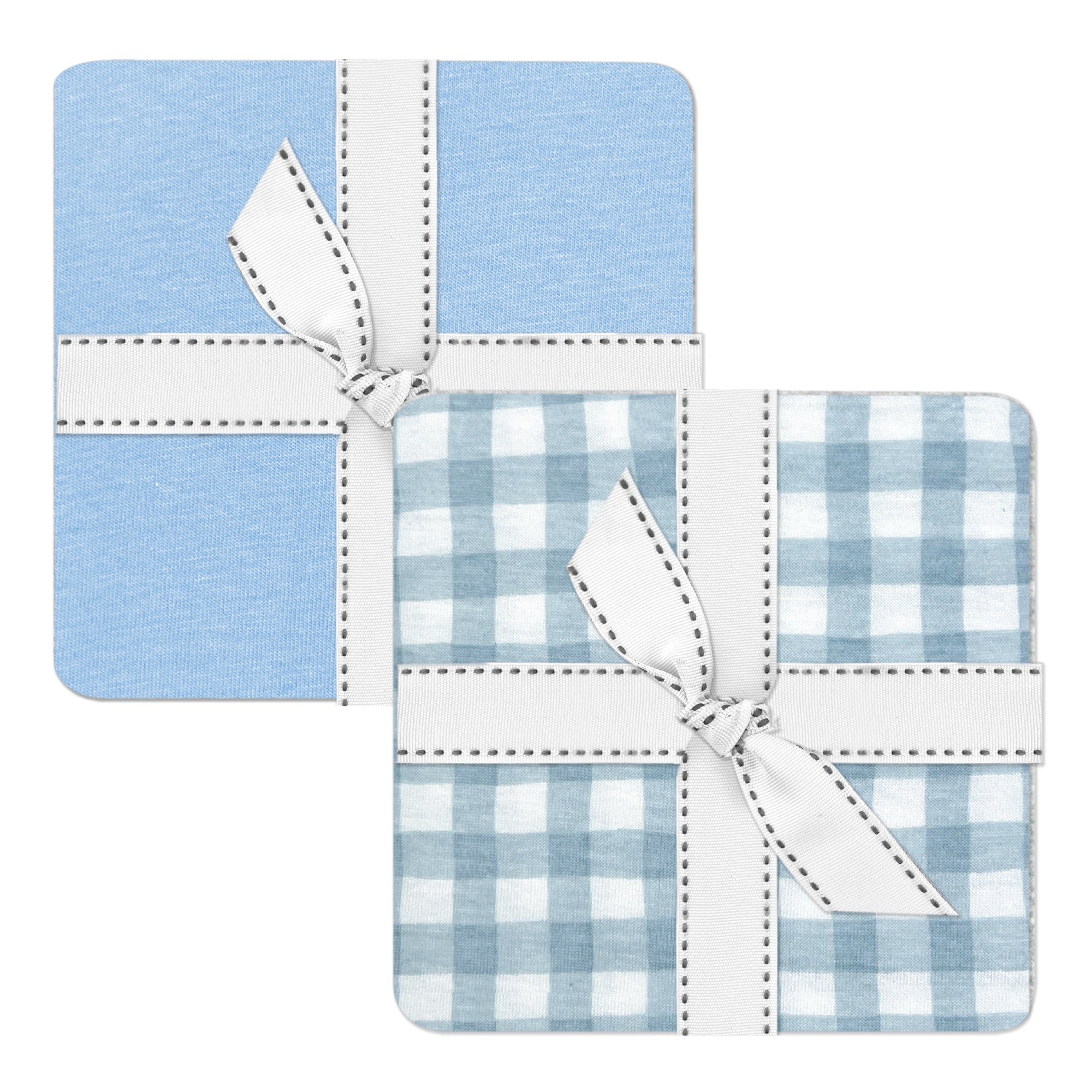 Two blue and white checkered fabric swatches tied with white ribbons on a white background