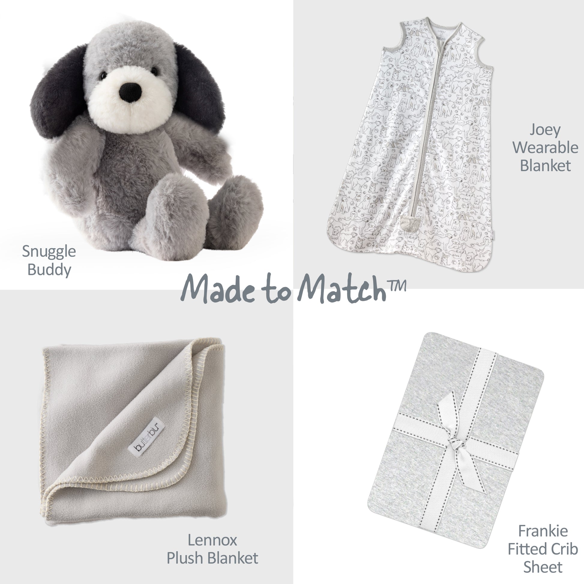 Collection of baby products including a stuffed dog, wearable blanket, plush blanket, and crib sheet with 'Made to Match' text.