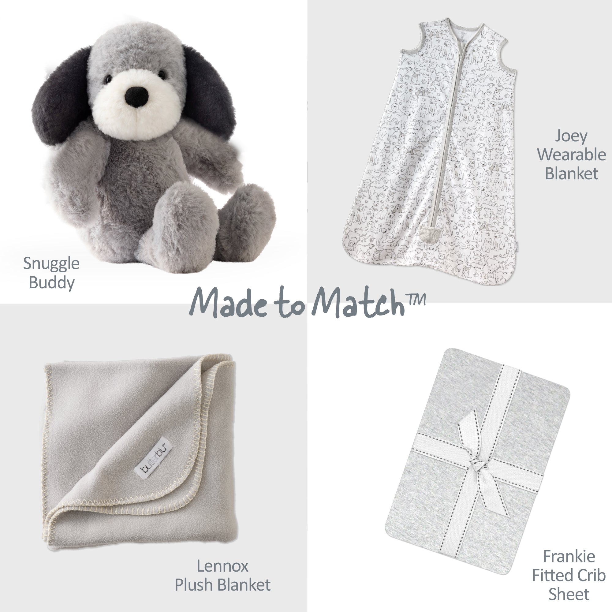 Collection of baby products including a stuffed dog, wearable blanket, plush blanket, and crib sheet with 'Made to Match' text.