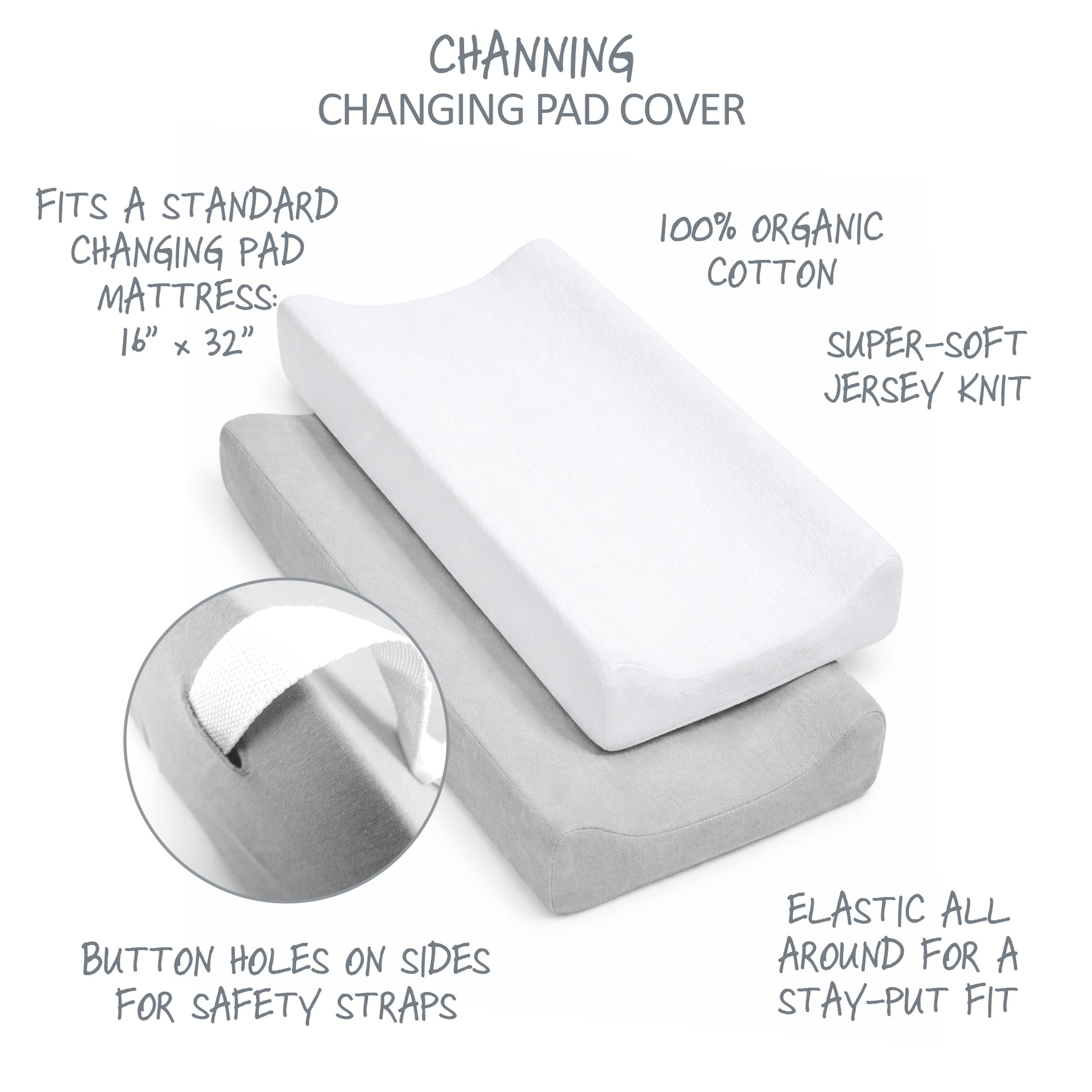 Channing changing pad cover with text detailing features on a white background