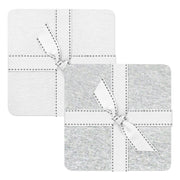 Set of two gray coasters with white stitching and a bow on a white background