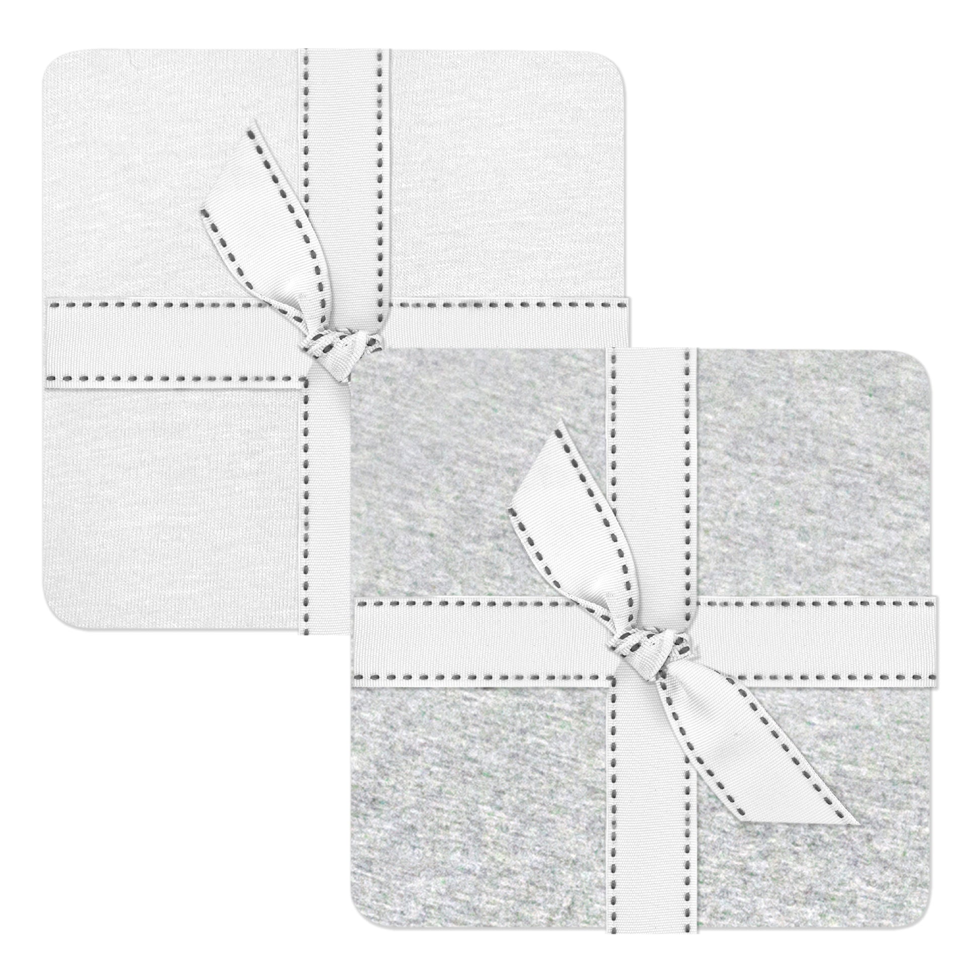 Set of two gray coasters with white stitching and a bow on a white background