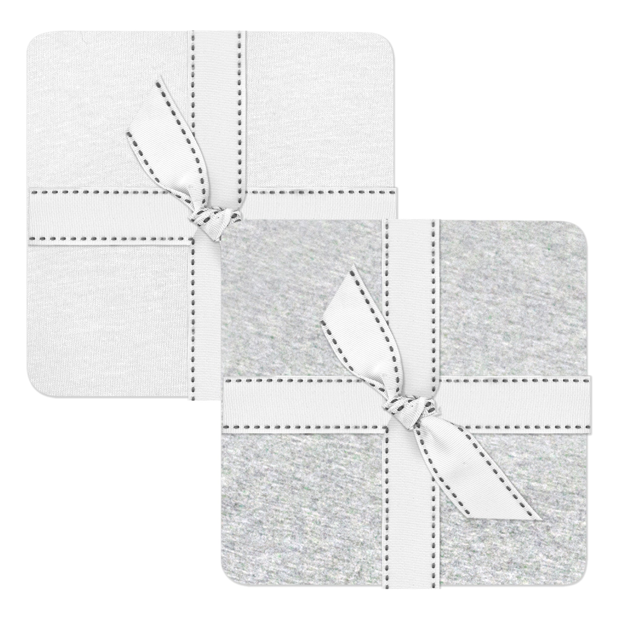 Set of two gray coasters with white stitching and a bow on a white background