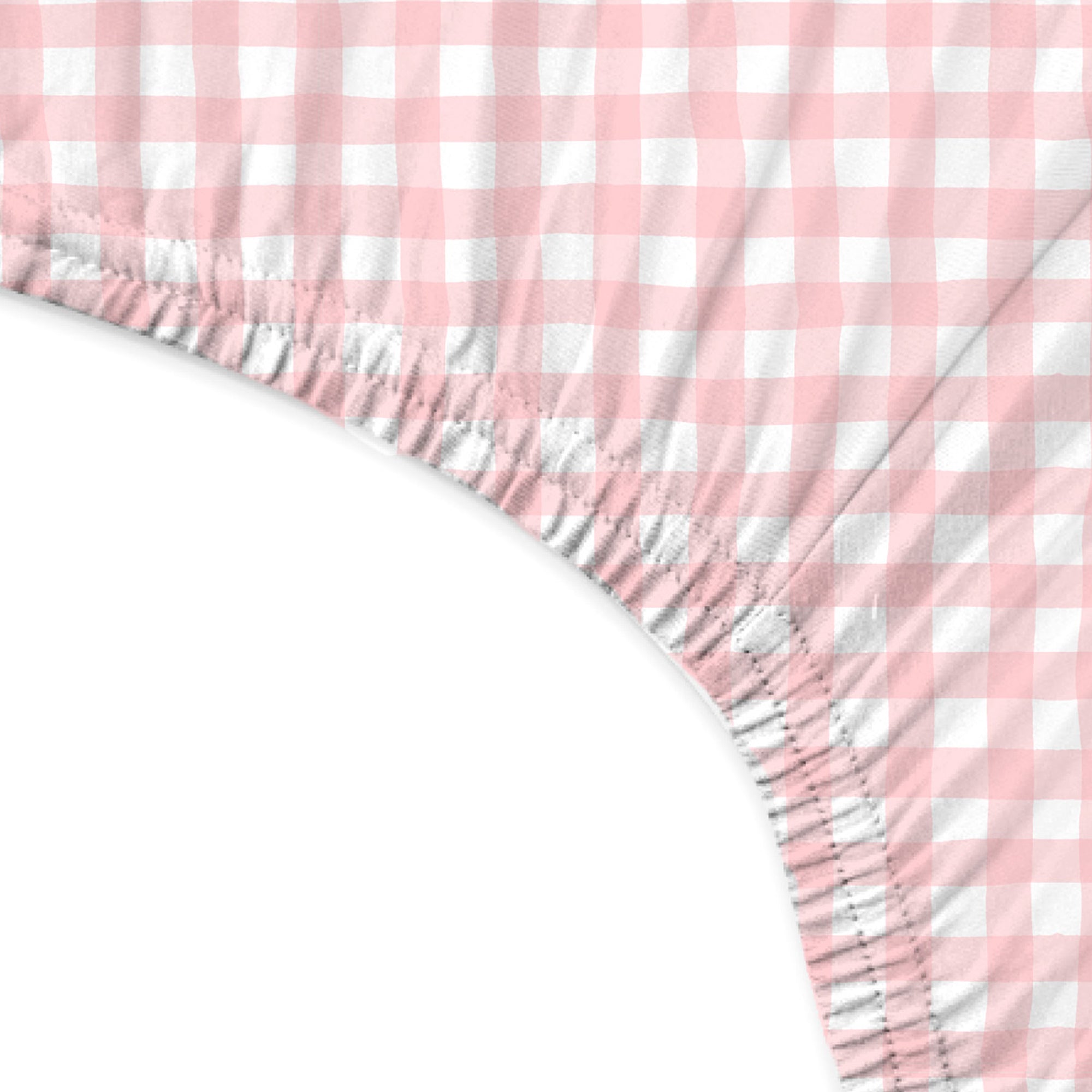 Pink and white checkered fitted sheet on a white background