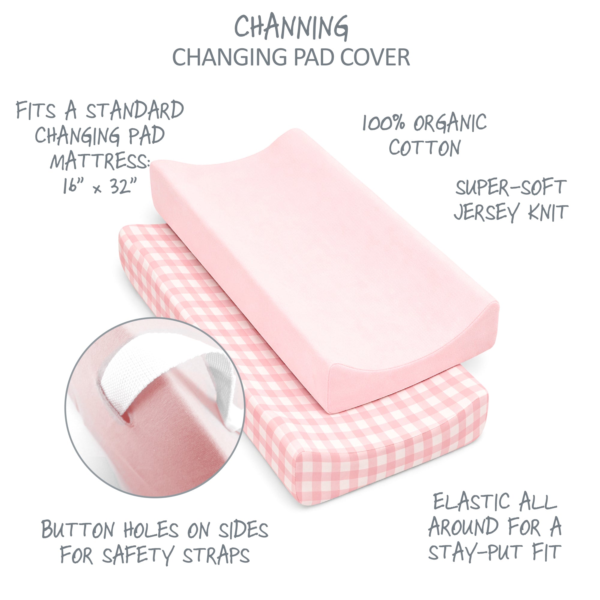 Pink changing pad cover with text detailing features on a white background