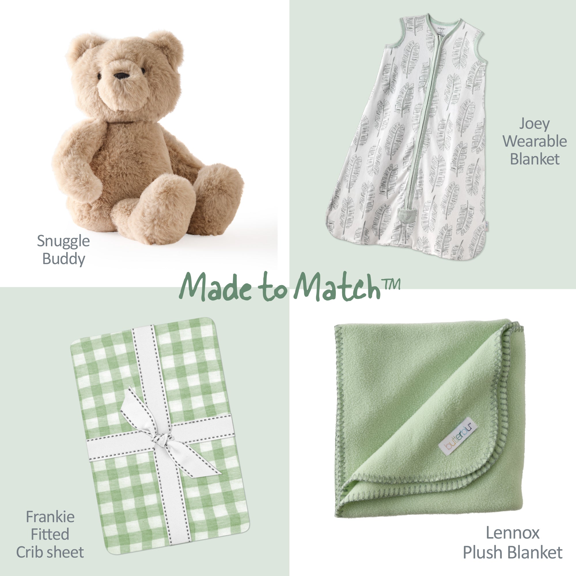 Collection of baby products including a teddy bear, wearable blanket, crib sheet, and plush blanket on a light green background.