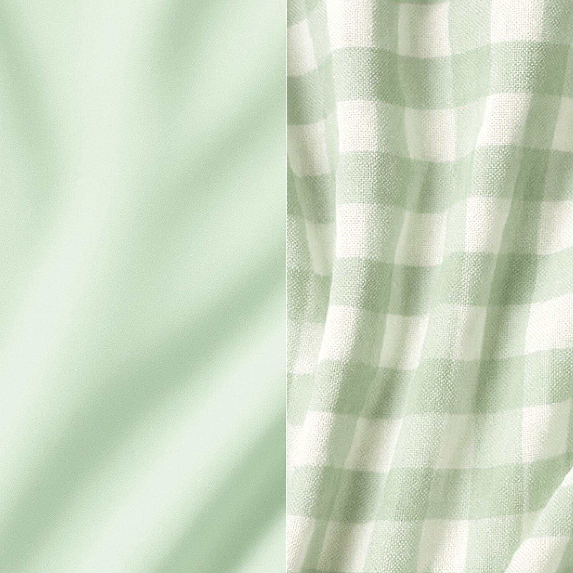 Two fabric swatches: one solid light green and one checkered in a green and white pattern.