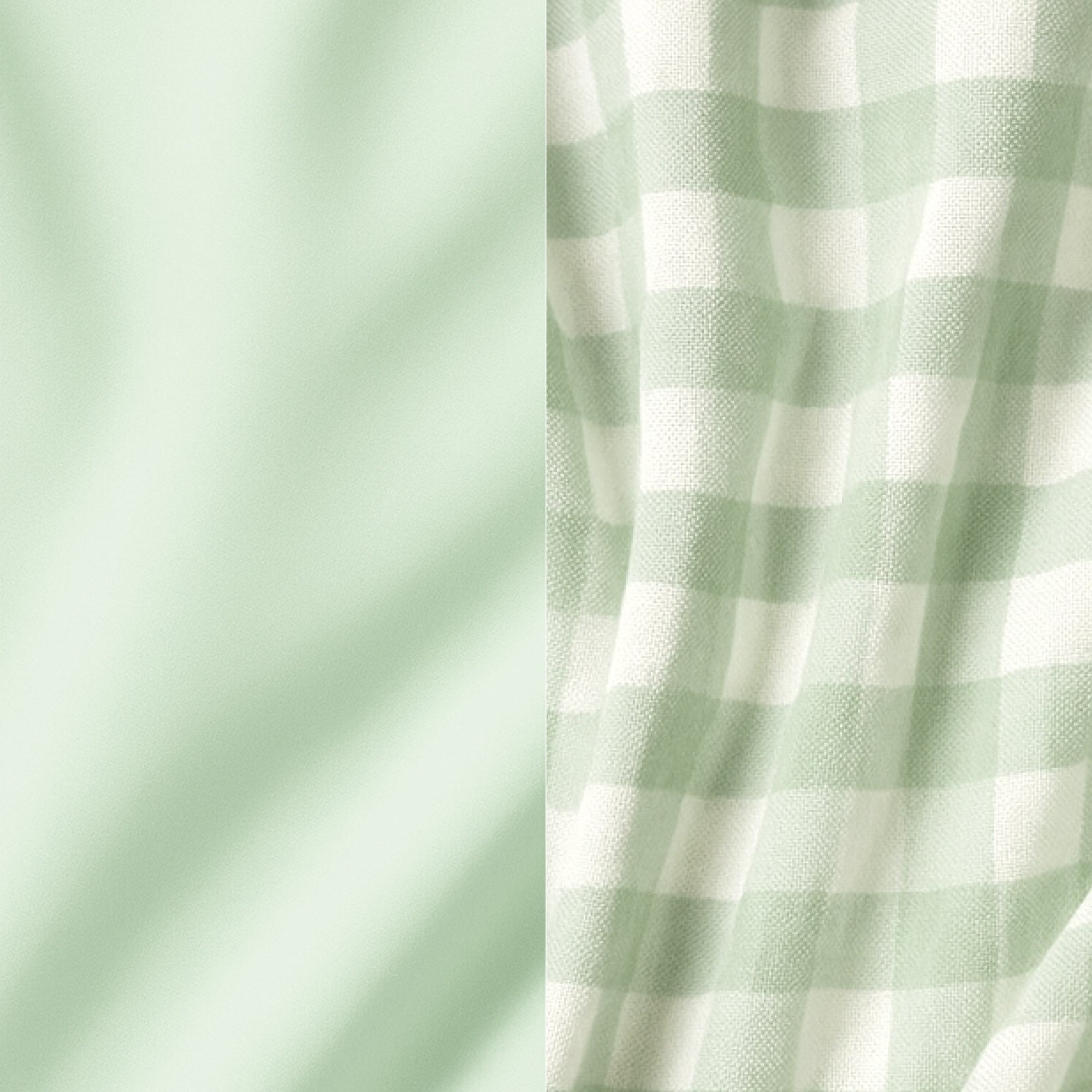 Two fabric swatches: one solid light green and one checkered in a green and white pattern.