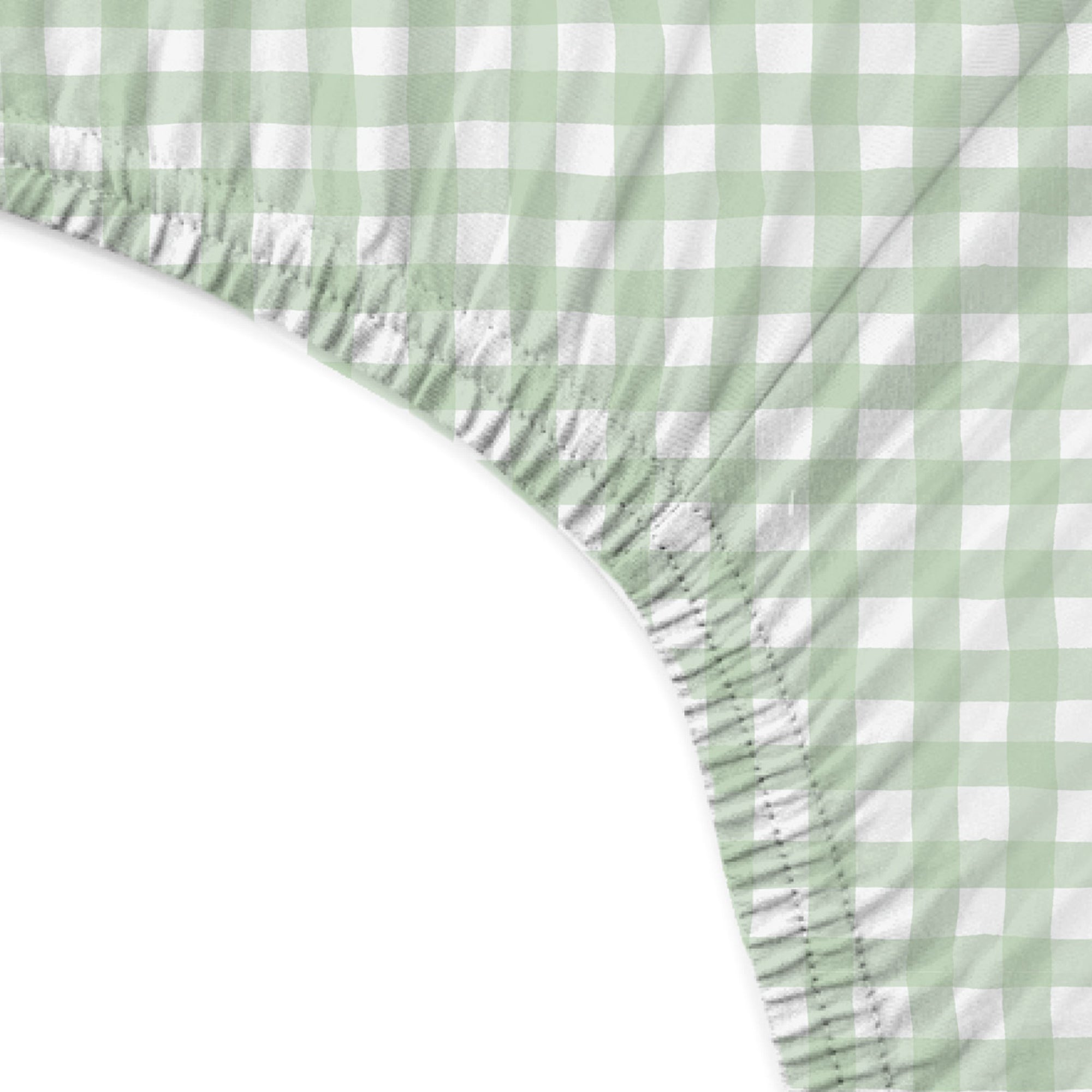 Green and white checkered fabric with a ruffled edge on a white background