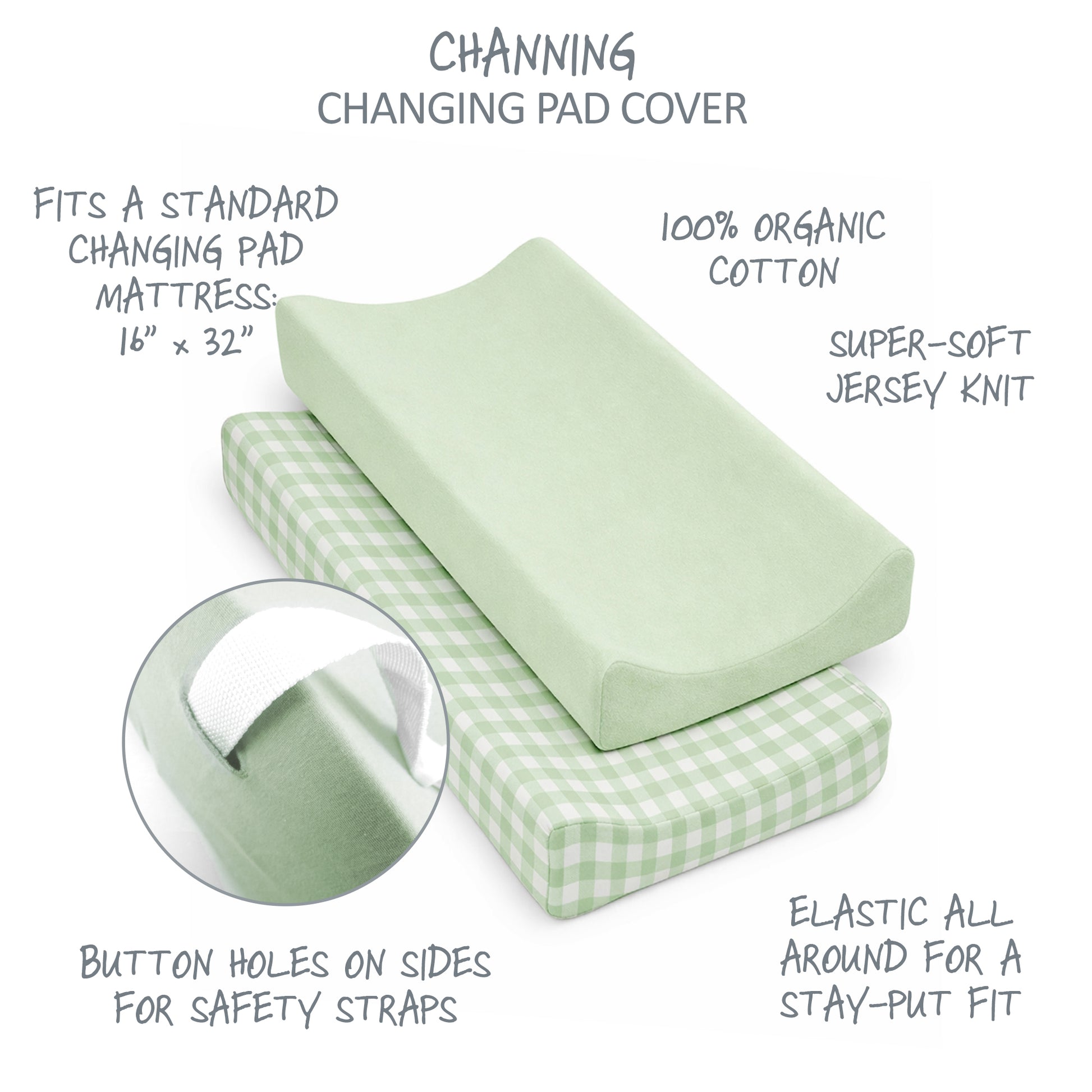 Green changing pad cover with text detailing features on a white background