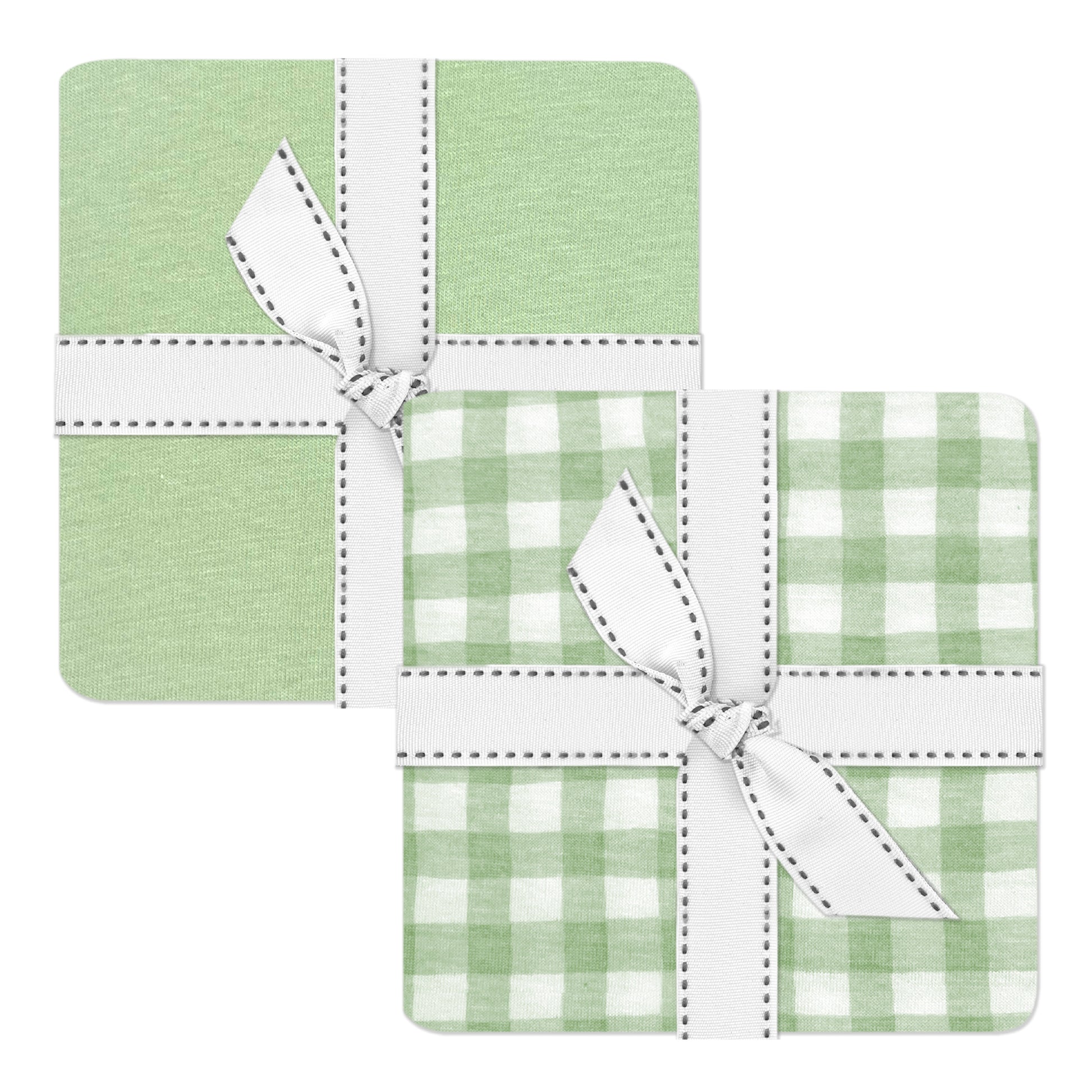 Two green checkered coasters with white ribbons on a white background