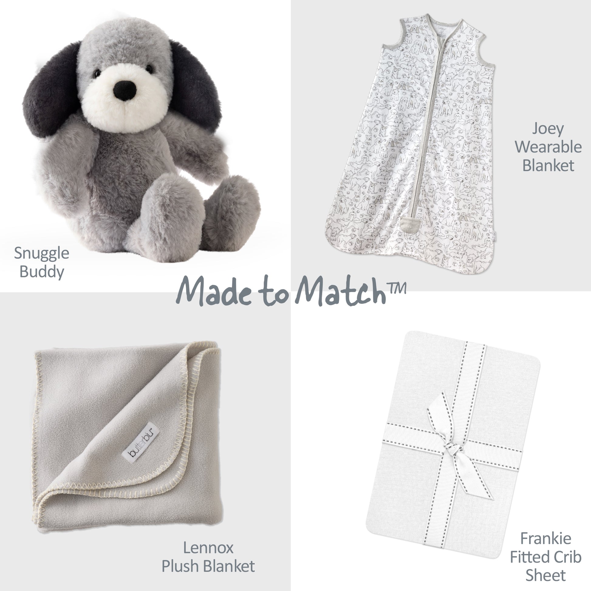 Collection of baby products including a plush dog, wearable blanket, plush blanket, and crib sheet with 'Made to Match' text.