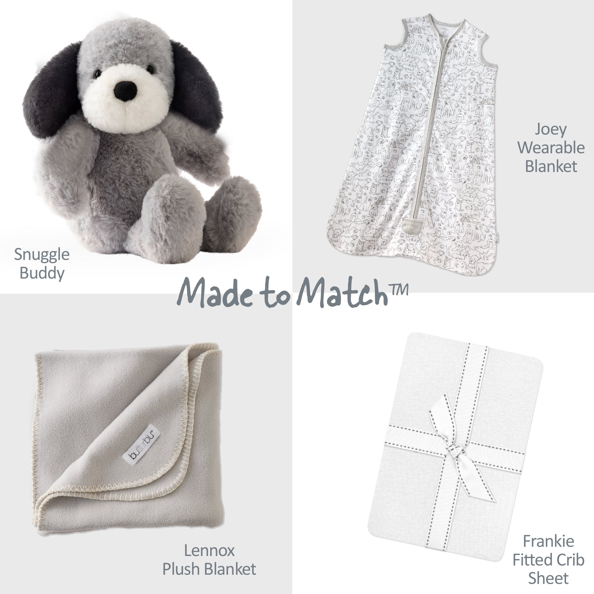 Collection of baby products including a plush dog, wearable blanket, plush blanket, and crib sheet with 'Made to Match' text.