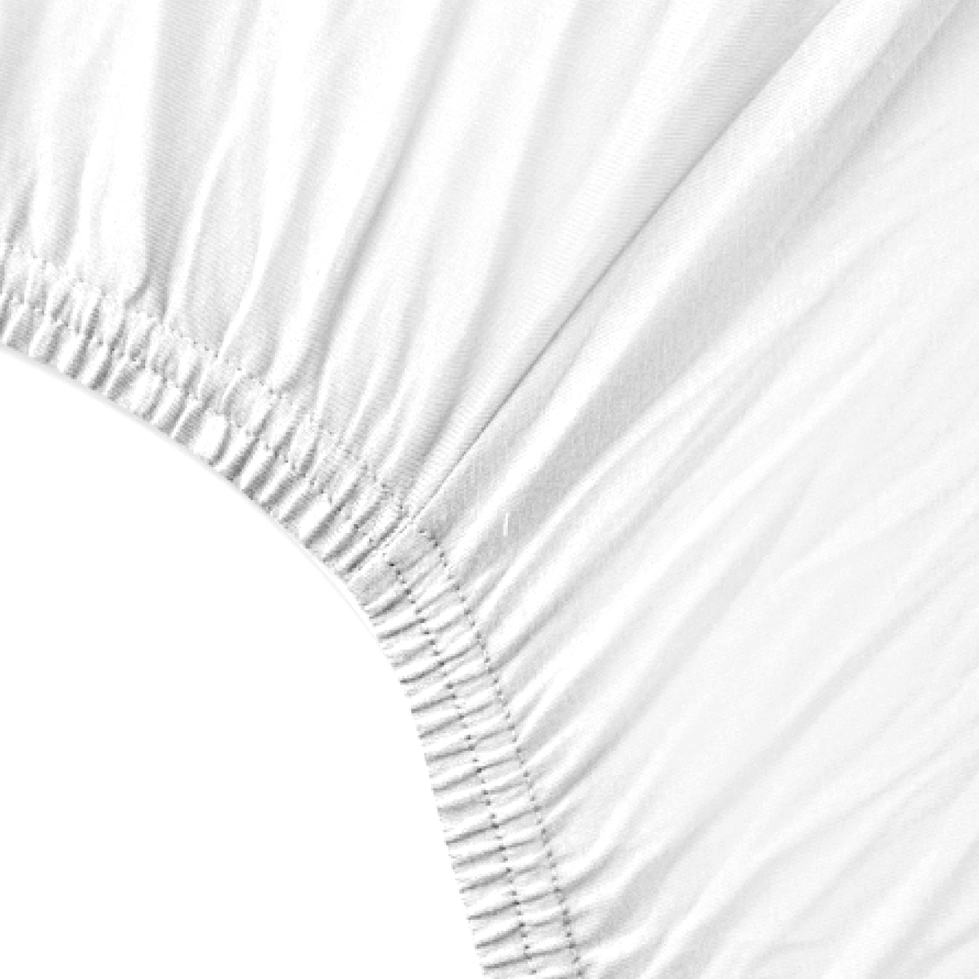 White fitted sheet with elastic waistband on a white background
