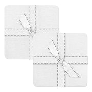 Two white square coasters with gray stitching on a white background