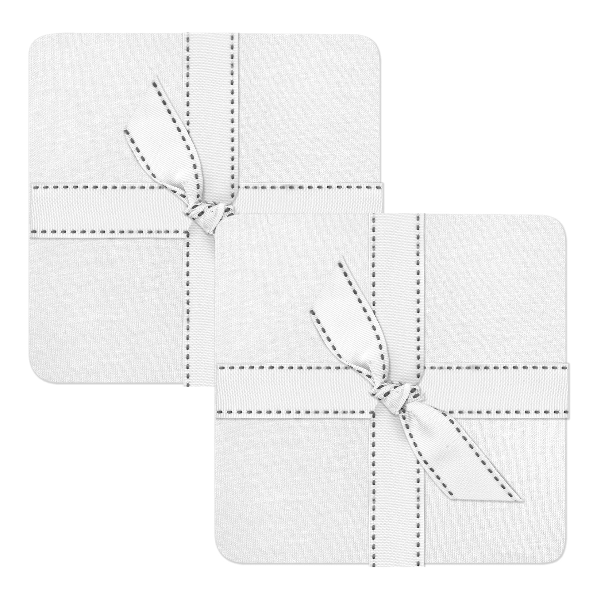 Two white square coasters with gray stitching on a white background