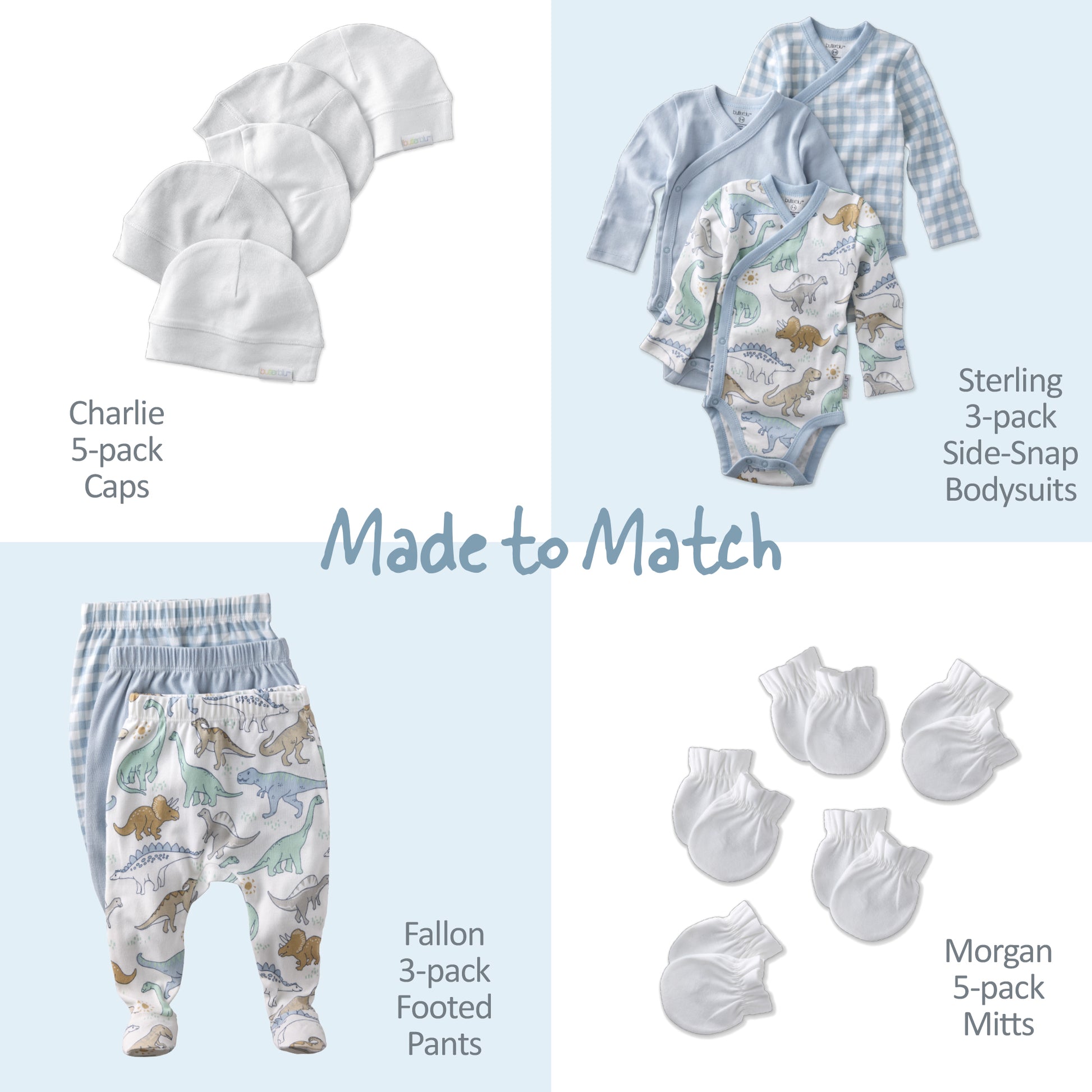 Collection of baby clothing items including caps, bodysuits, pants, and mitts with text indicating matching sets.