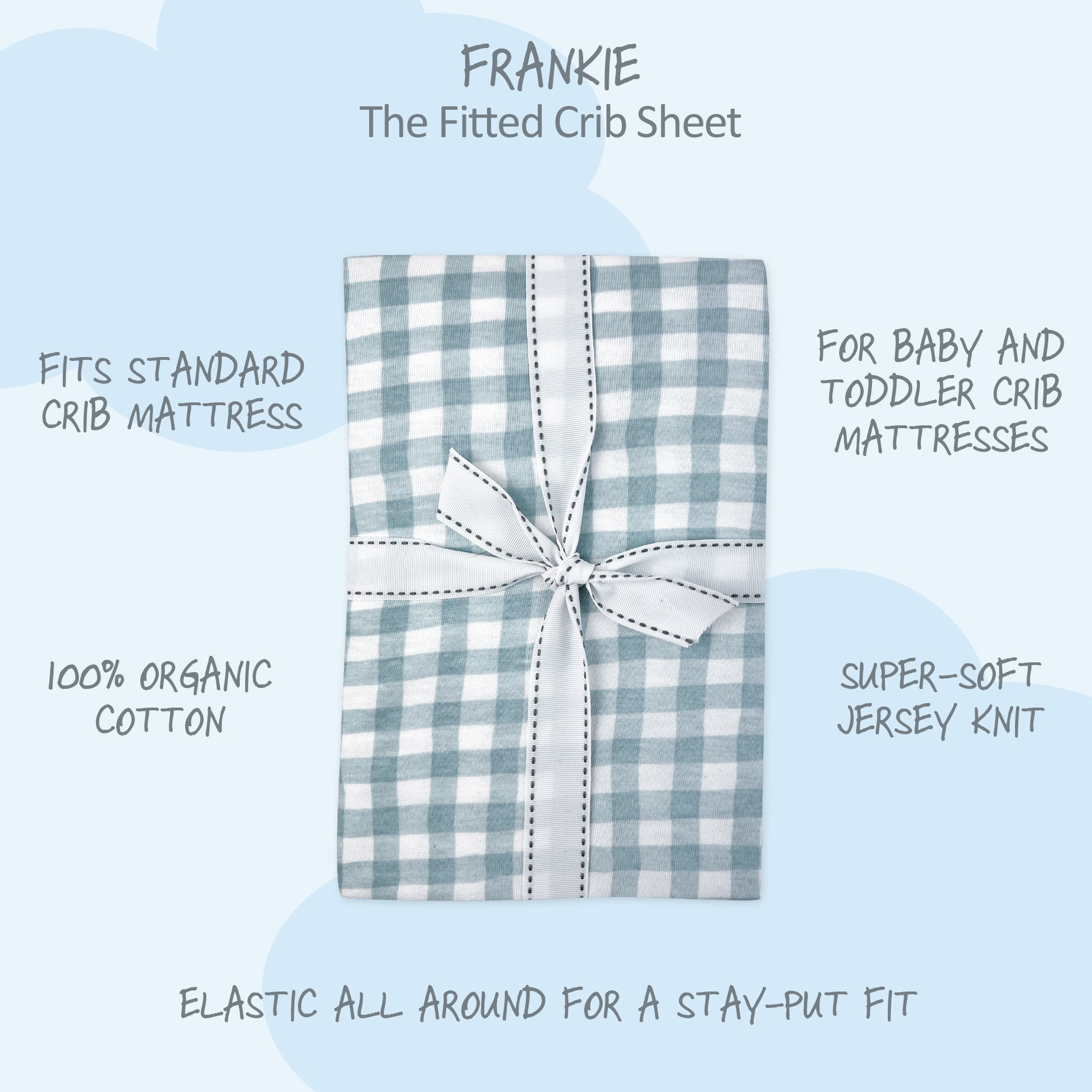 Fitted crib sheet with gingham pattern and bow on a light blue background, featuring product details.