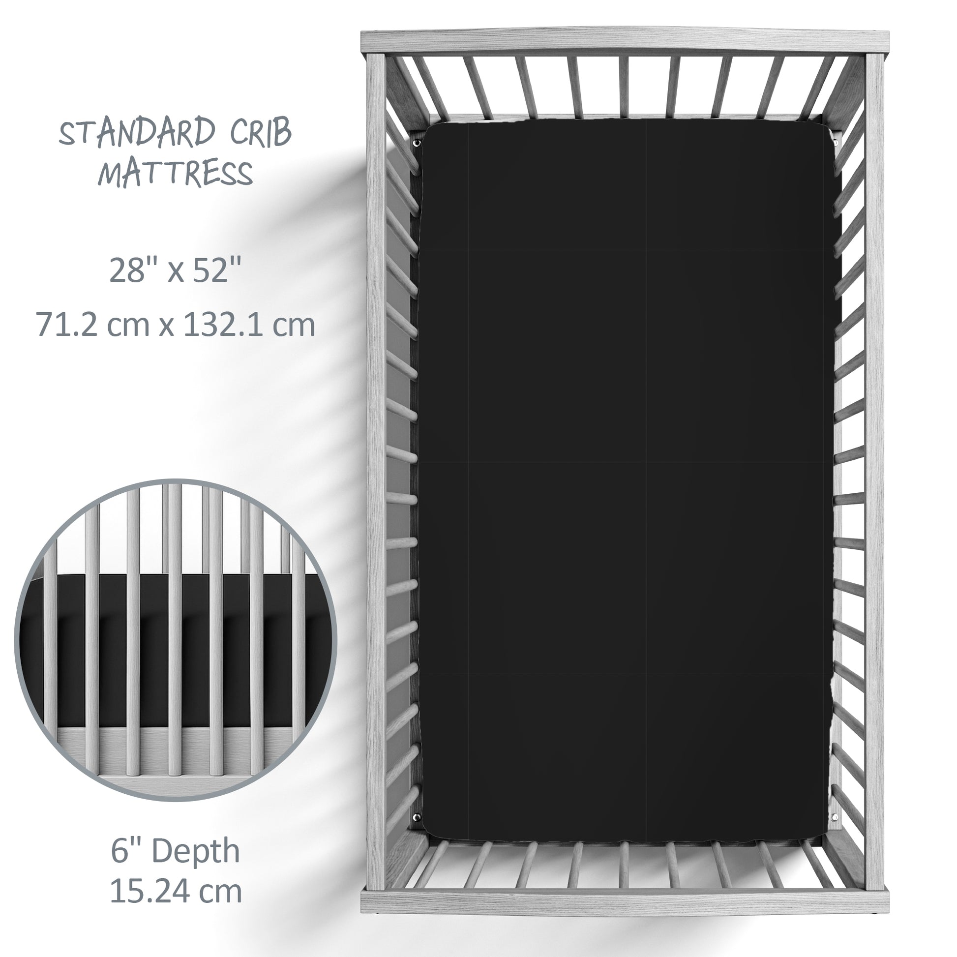 Black crib mattress on a white crib with dimensions displayed.