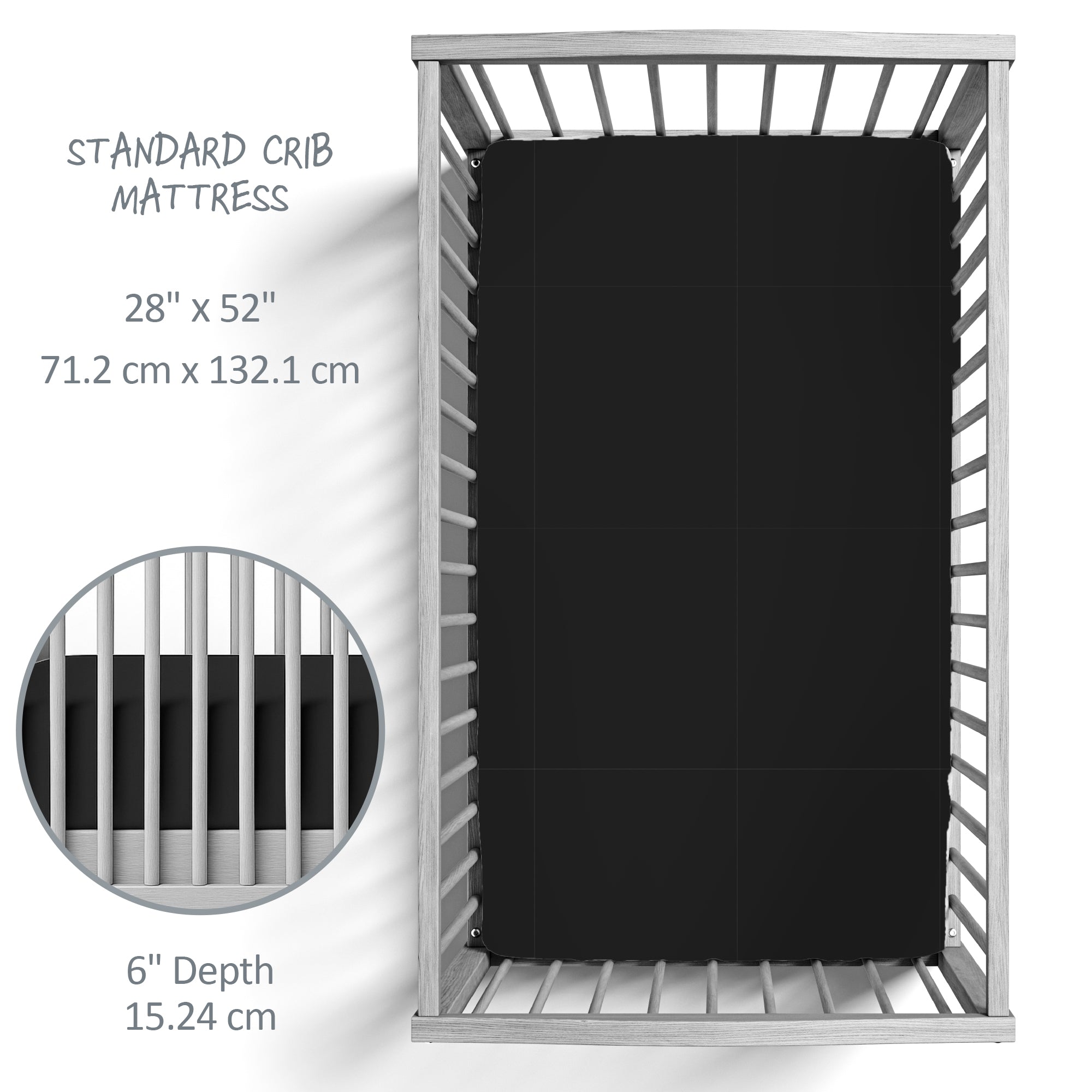 Black crib mattress on a white crib with dimensions displayed.