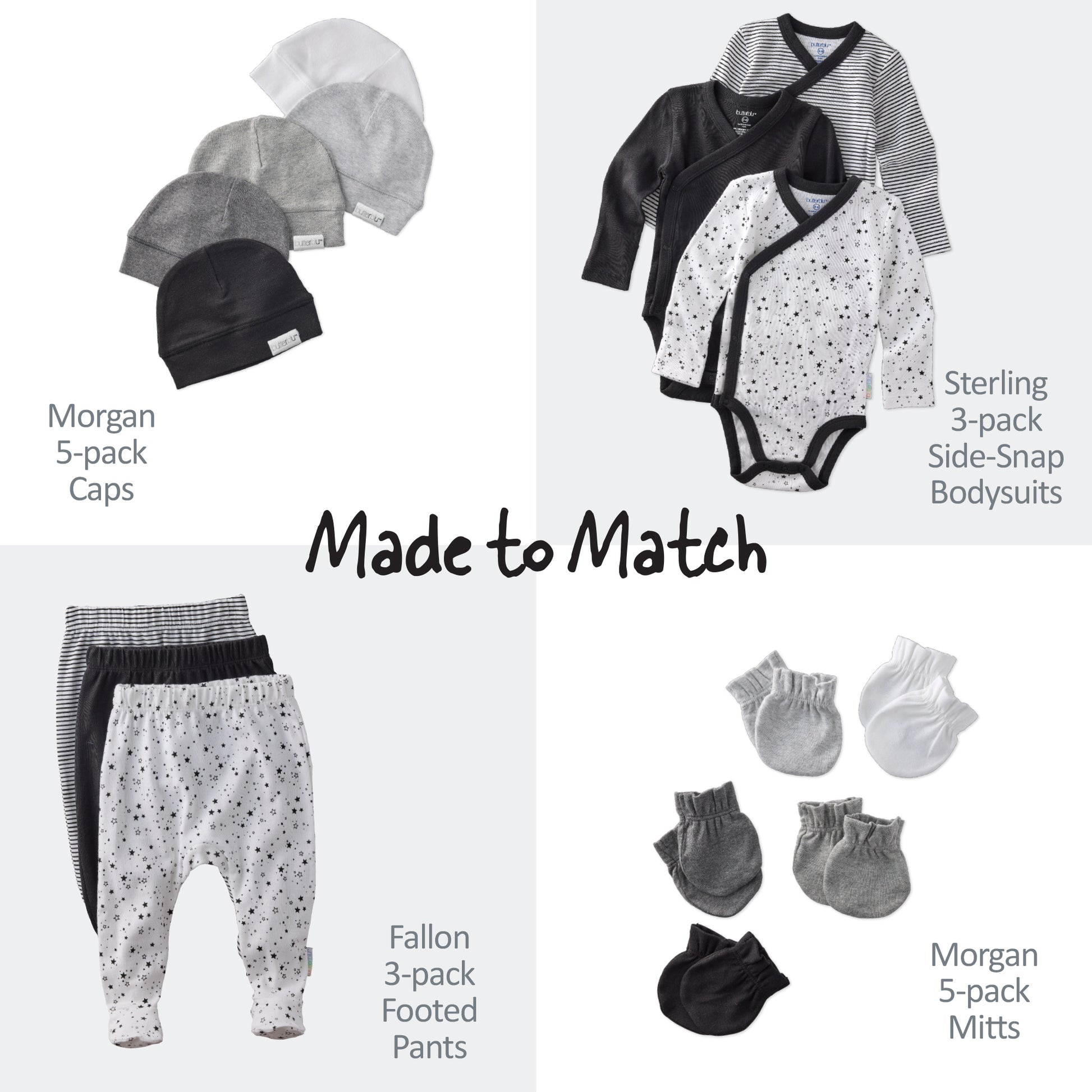 Baby clothing set with caps, bodysuits, pants, and mittens on a white background.