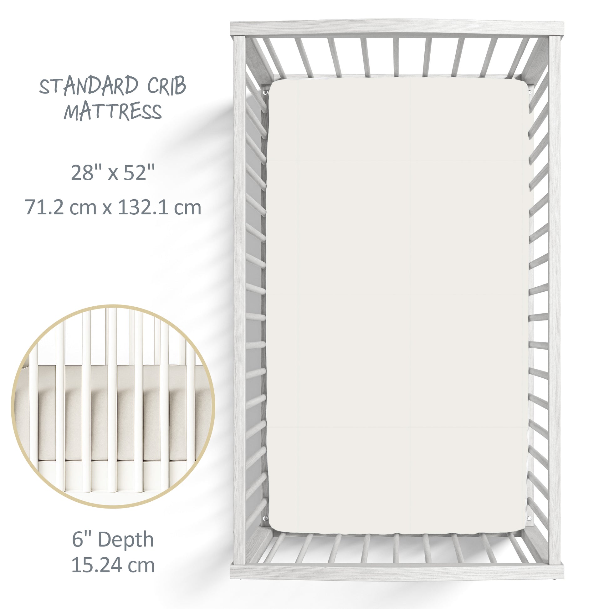 White crib with mattress dimensions displayed on a white background